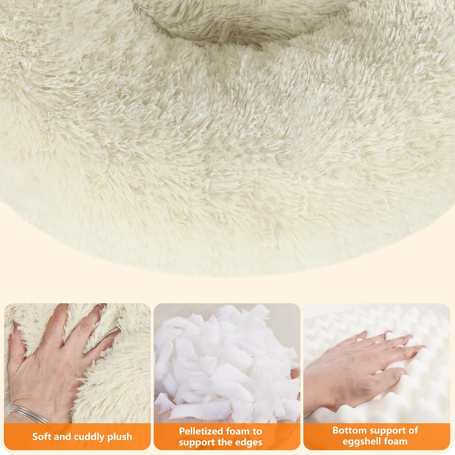 Detalle de HMTOPE Orthopädisches rundes Hundebett – Donut Kuschelkissen, 100 cm Ø, Beige, waschbar
