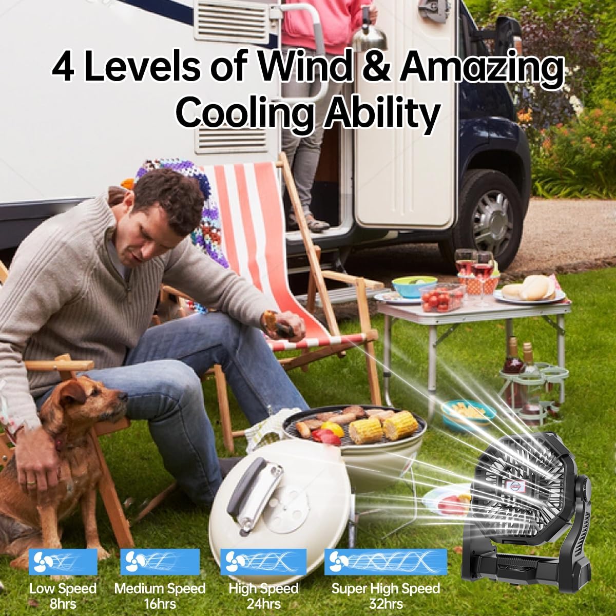 Thumbnail 1 de Eloslos Portable Rechargeable Camping Fan with LED Lantern (10-Inch, 270° Rotation)