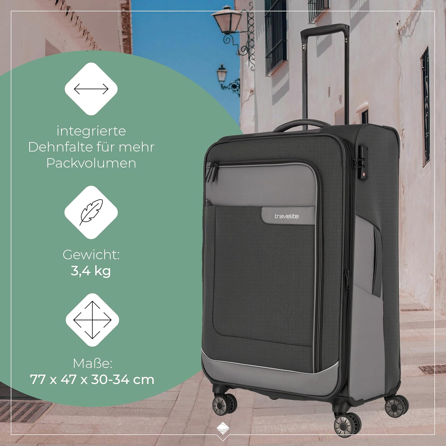 Detalle de Travelite VIIA 4-Rad Koffer Größe L – Weichschale aus recyceltem Polyester, 91–103 L, 77 x 47 x 30–34 cm