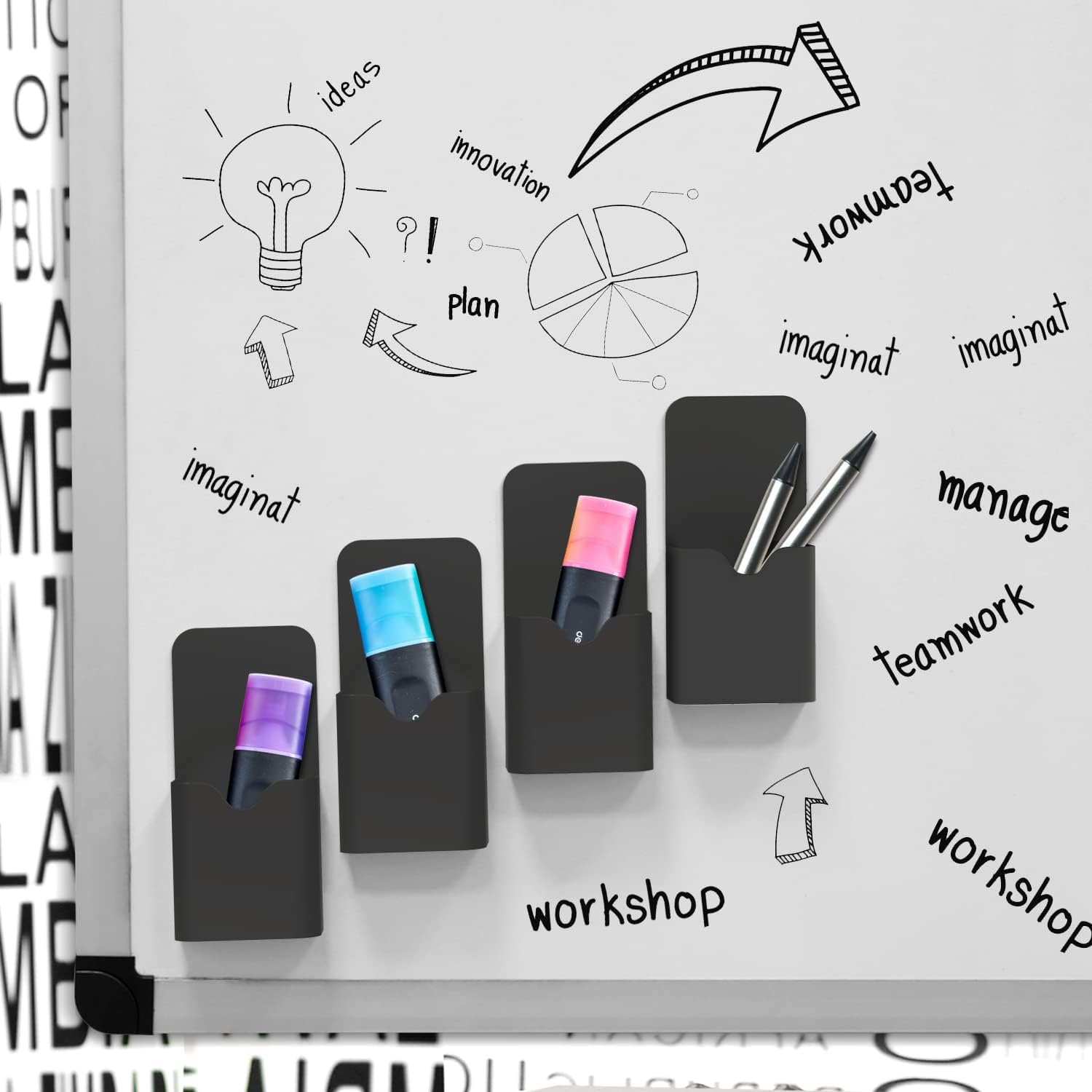 Detalle de MoKo Magnetische Markerhalterung (4er-Set) für Whiteboard, Kühlschrank & Co. – Stift-/Bleistift-Ablage mit Magneten, Schwarz