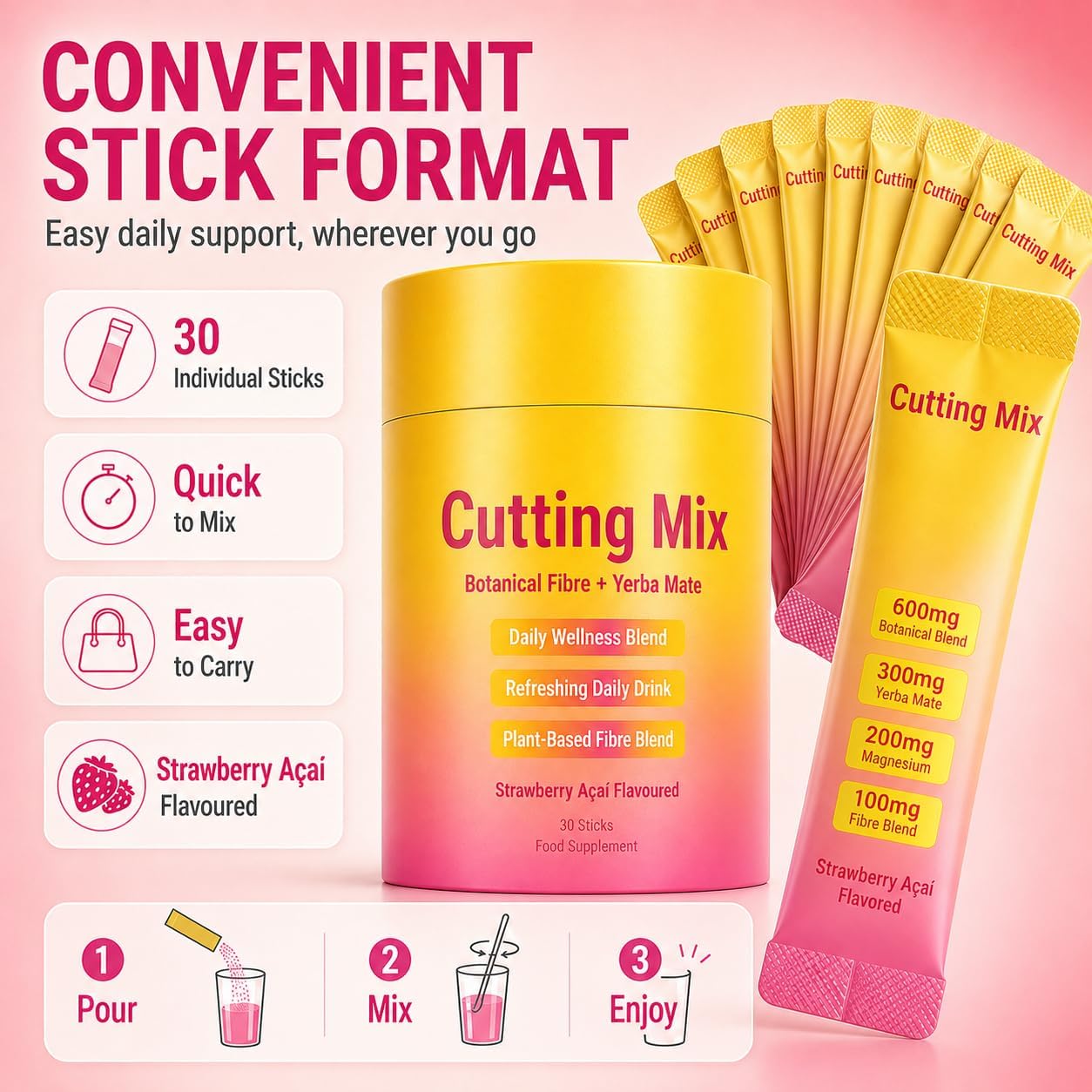 Detalle de Cutting Mix Drink: Botanical Fibre & Yerba Mate Blend – Sugar‑Free Strawberry Açaí Flavoured Sticks (30 x 1 Stick)