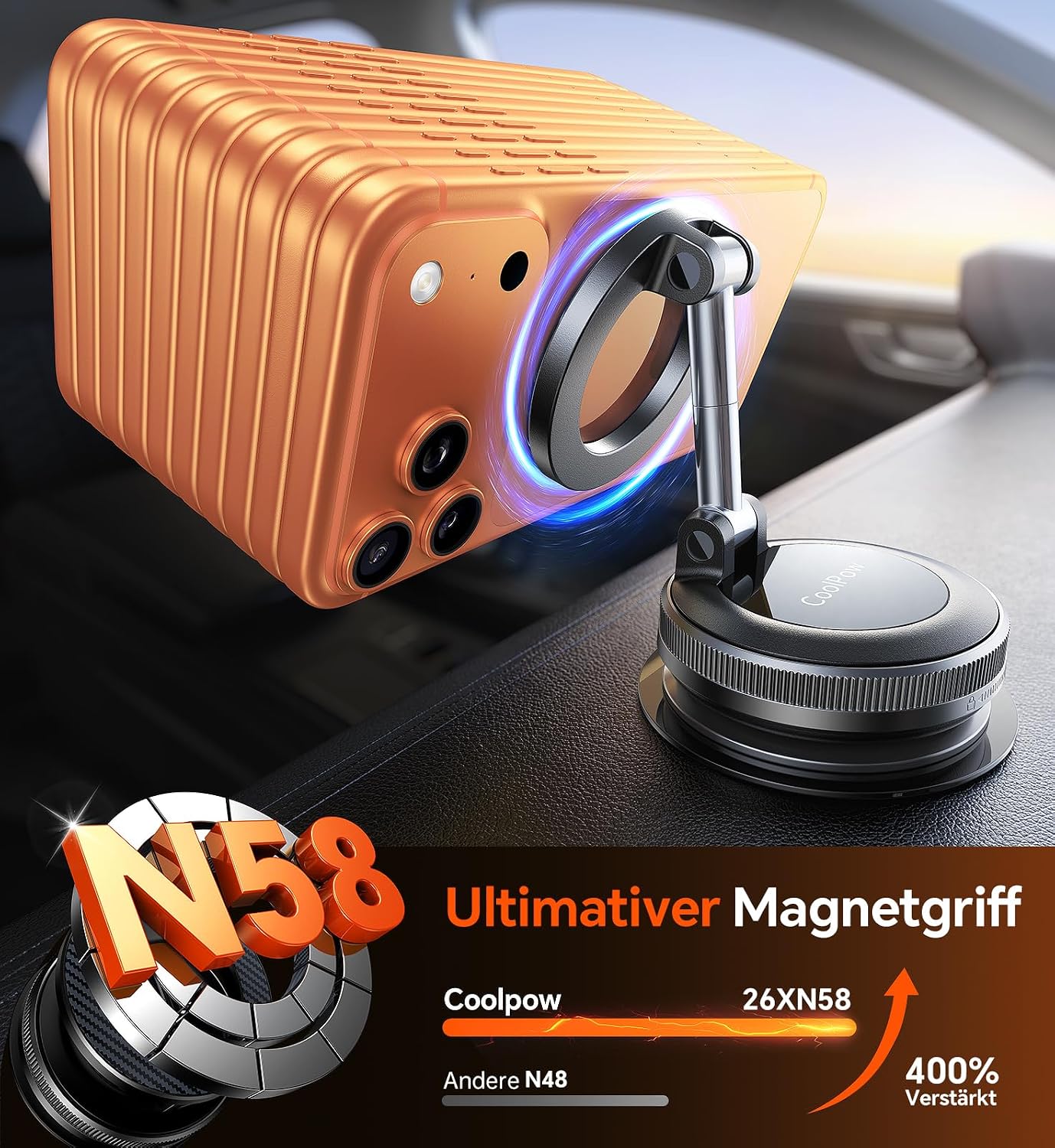 Detalle de Coolpow Handyhalterung Auto MagSafe – Starker Saugnapf, ultrastabile Magnet-Halterung