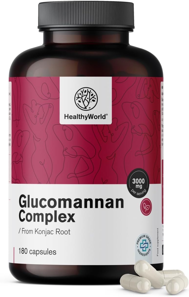 Detalle de HealthyWorld Glucomannan Complex 3000 mg capsules met choline, chroom en D3