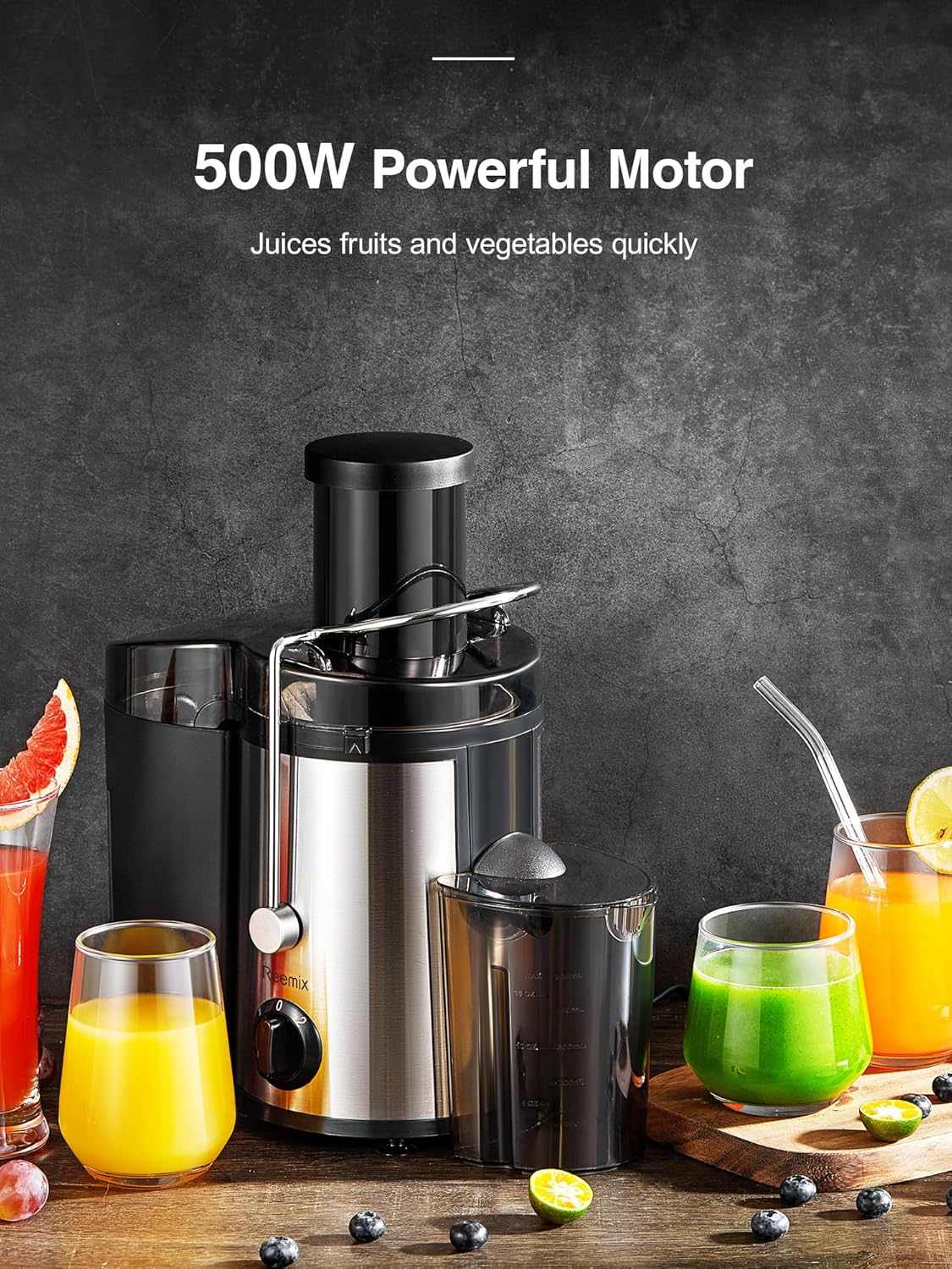 Detalle de Entsafter für Gemüse & Obst mit Zentrifugartechnik: 72 mm Einfüllöffnung, 500 W Motor (BPA-frei)