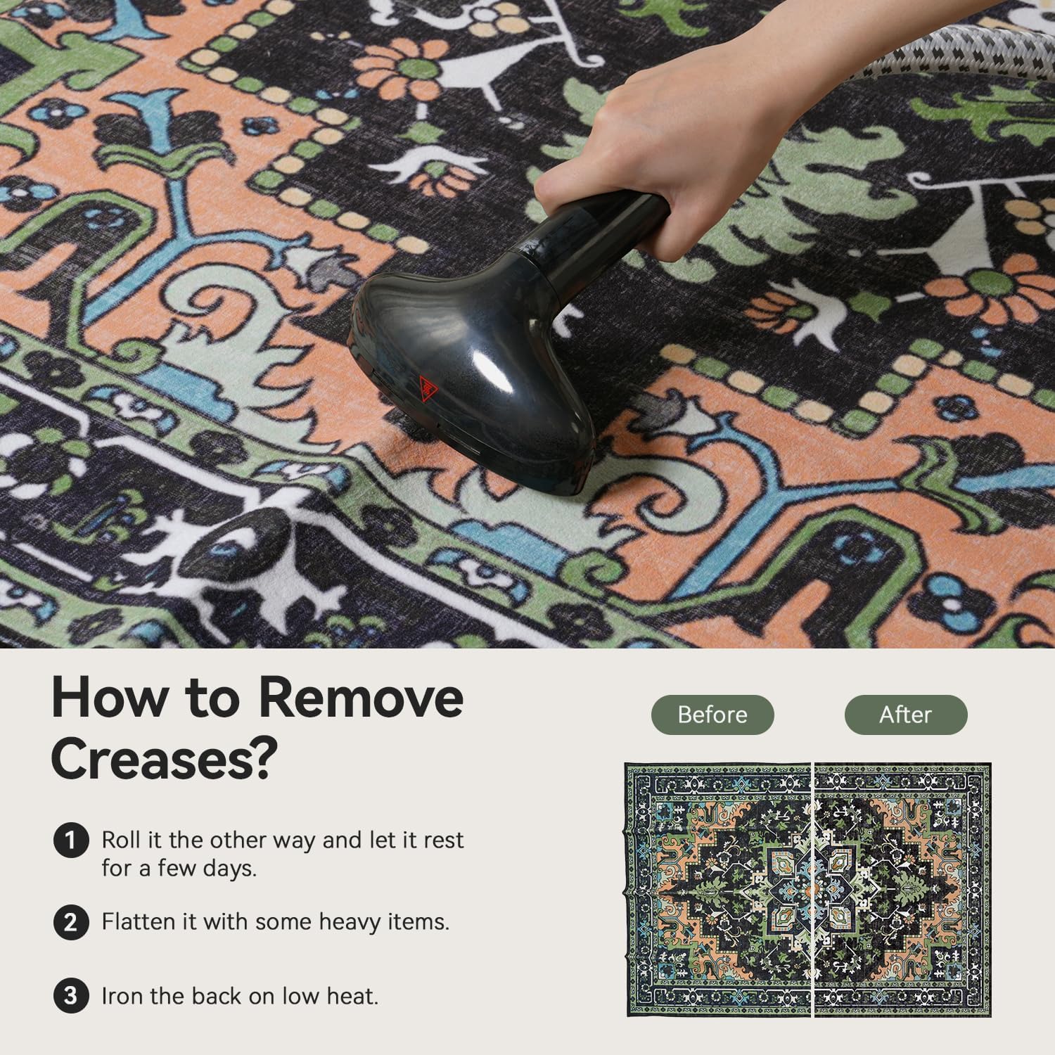 Thumbnail 6 de 5x7 Vintage Floral Washable Area Rug with Non-Slip Backing — Dark Green