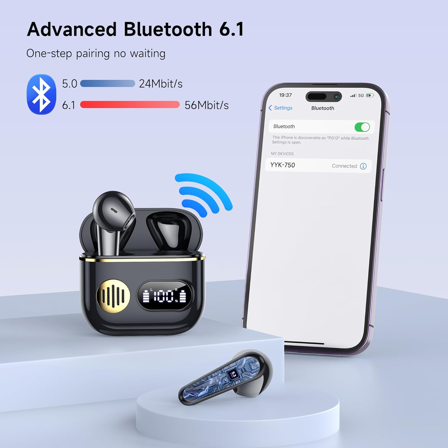 Detalle 2 de Auricolari Bluetooth 6.1 wireless con ENC e 6 microfoni, cuffie in-ear per iOS/Android (Classico Nero)