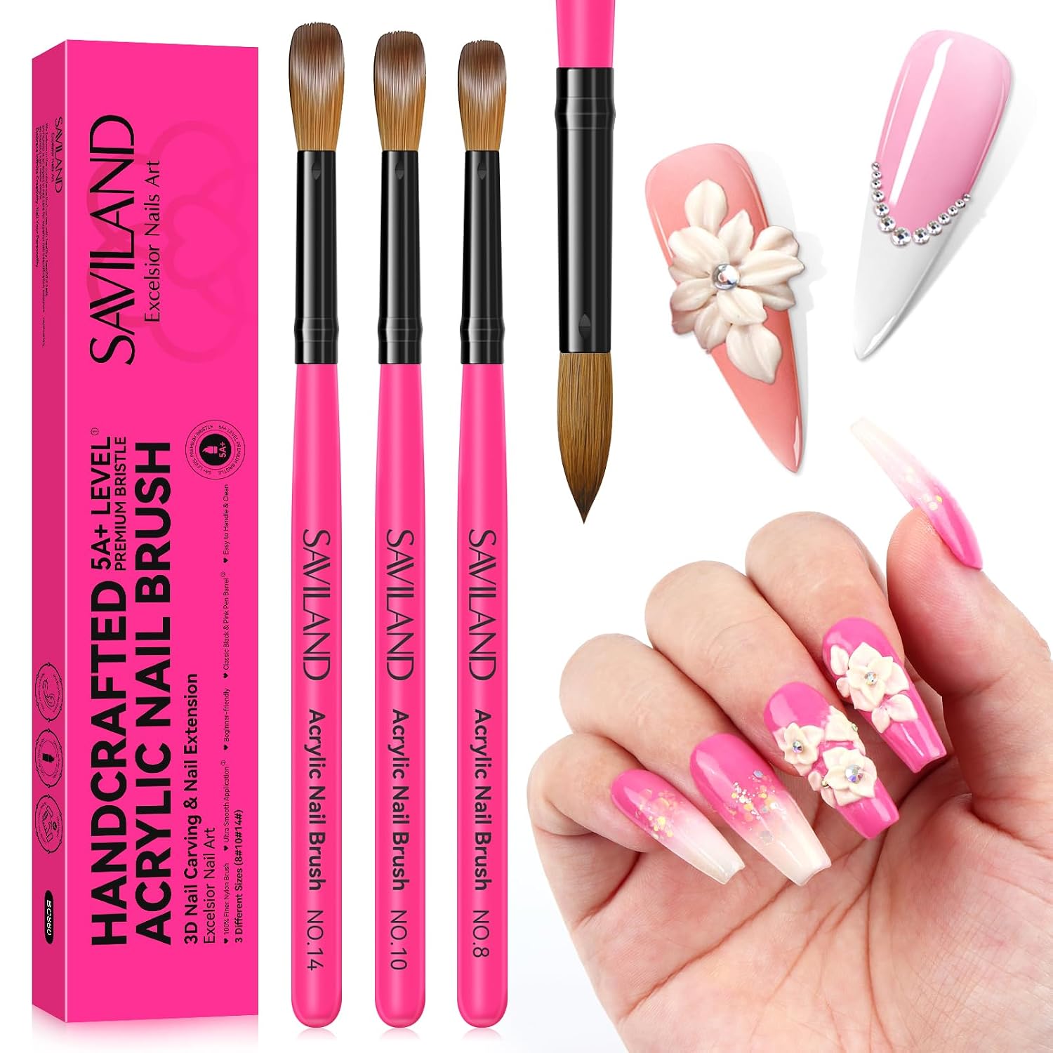 Detalle de SAVILAND Acrylic Nail Brush Set, Sizes 8/10/14