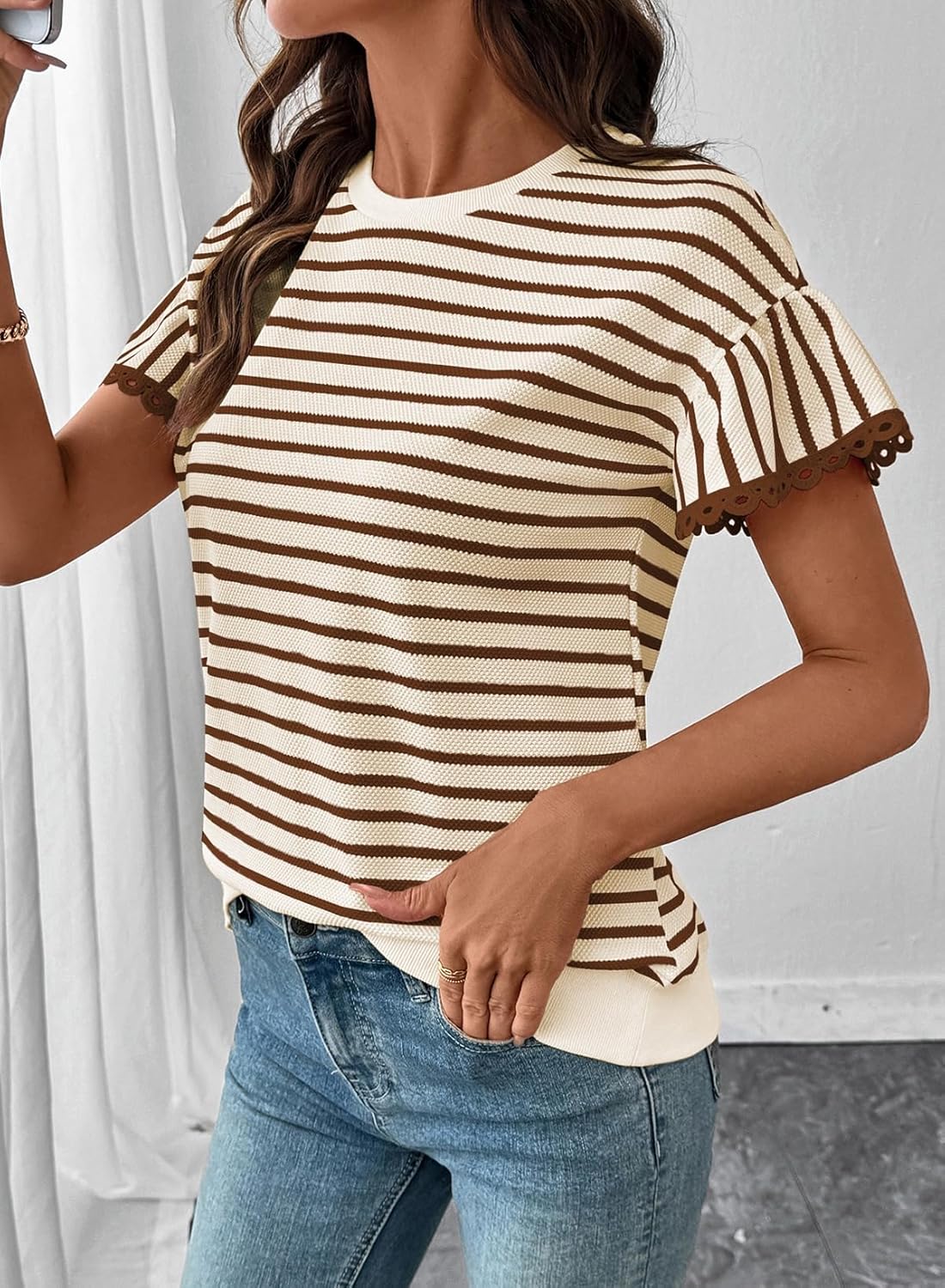Thumbnail 1 de SHEWIN Women’s Summer Loose Fit Rib Knit Stripe Top (Short-Sleeve)