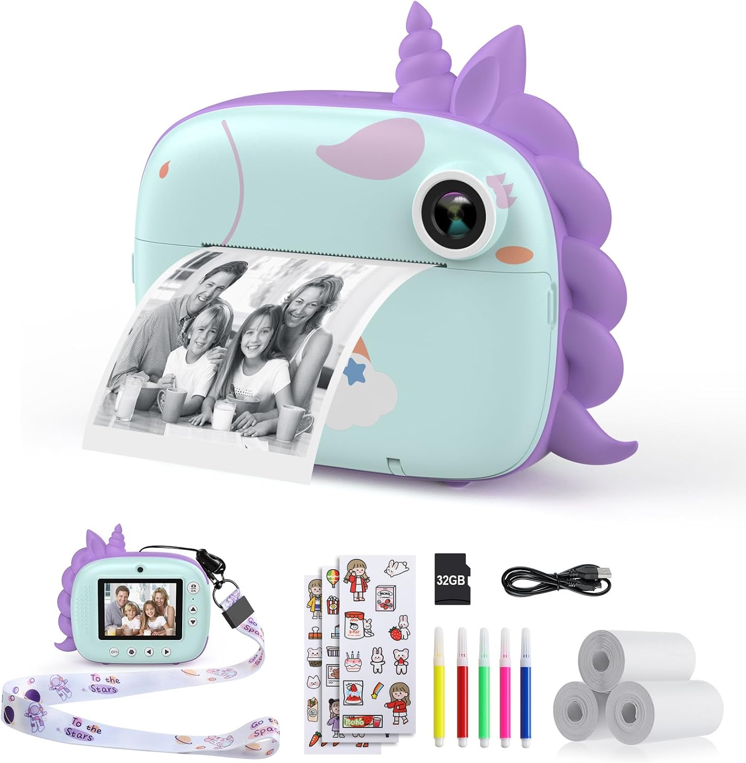 Detalle de HiMont Kids Camera Instant Print (Green) – digital camera with no-ink instant B&W prints, 32G TF card & DIY pens