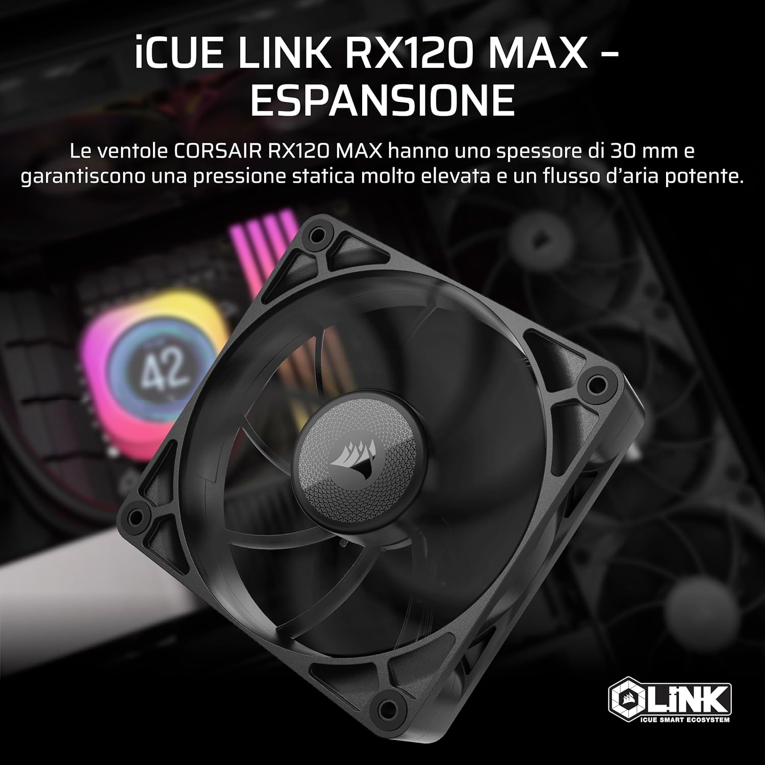 Thumbnail 1 de CORSAIR iCUE LINK RX120 MAX ventola 120mm PWM ad alta pressione statica, nero
