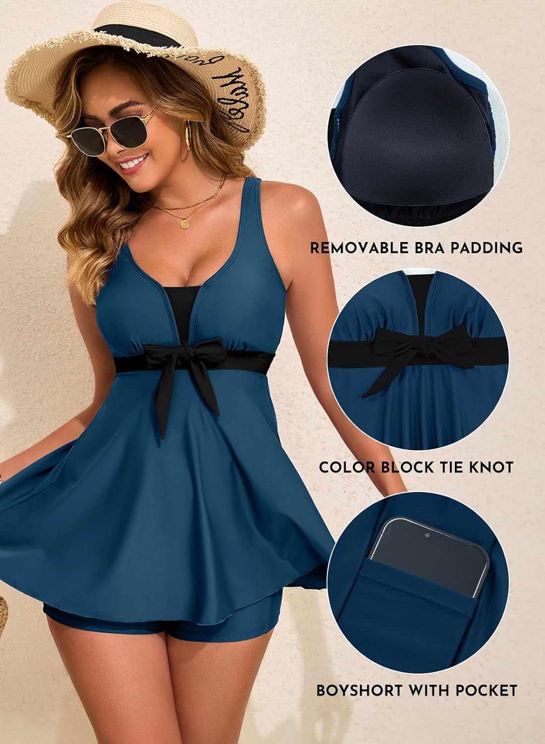 Detalle de Aleumdr Women Printed Two-Piece Tankini Swimsuits with Tummy Control, High-Waisted Boyshorts, and Pockets