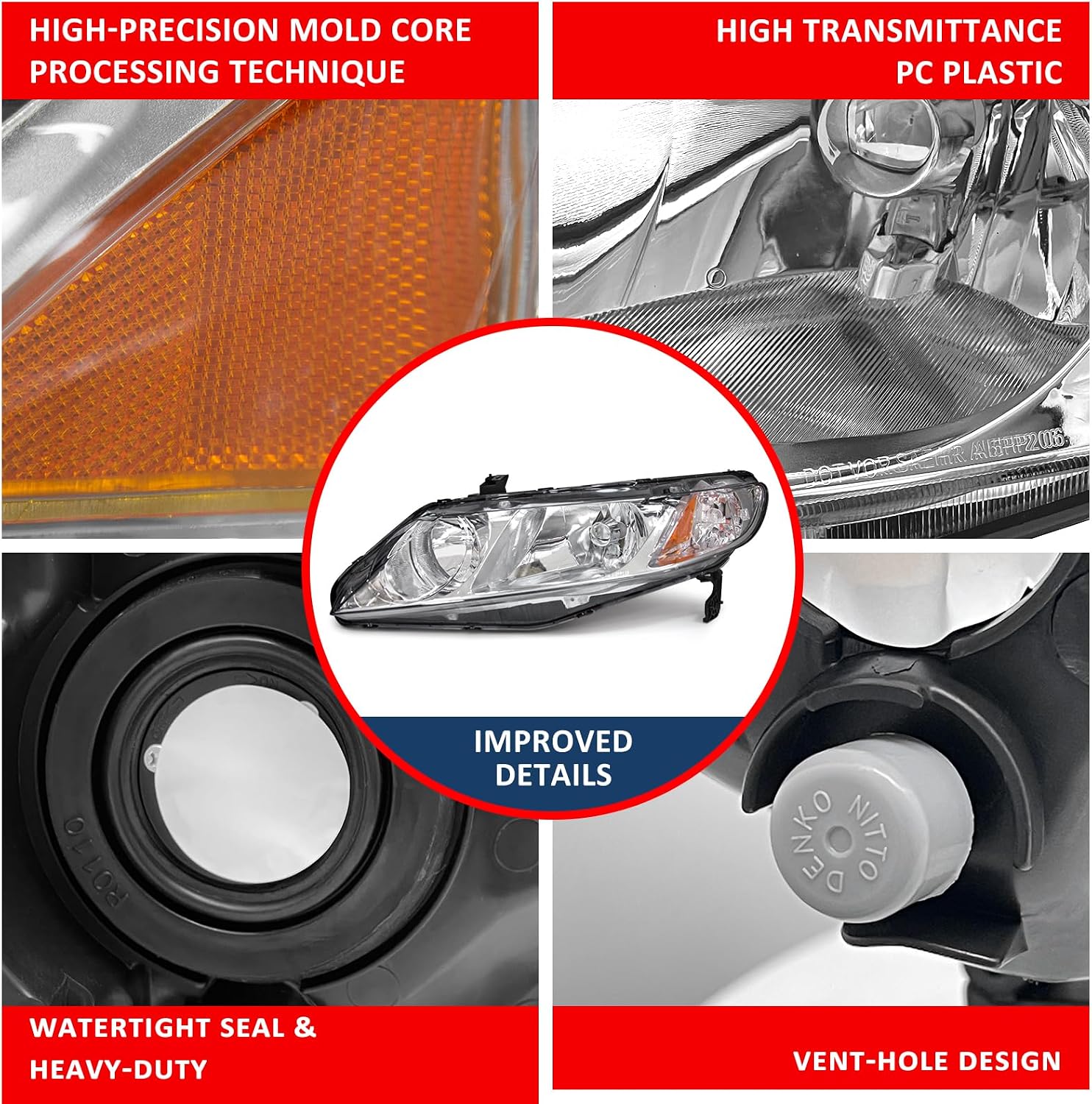 Thumbnail 5 de ADCARLIGHTS Headlight Assembly for 2006-2011 Honda Civic 4-Door (Chrome Housing, Amber Reflector) — W/O Bulbs