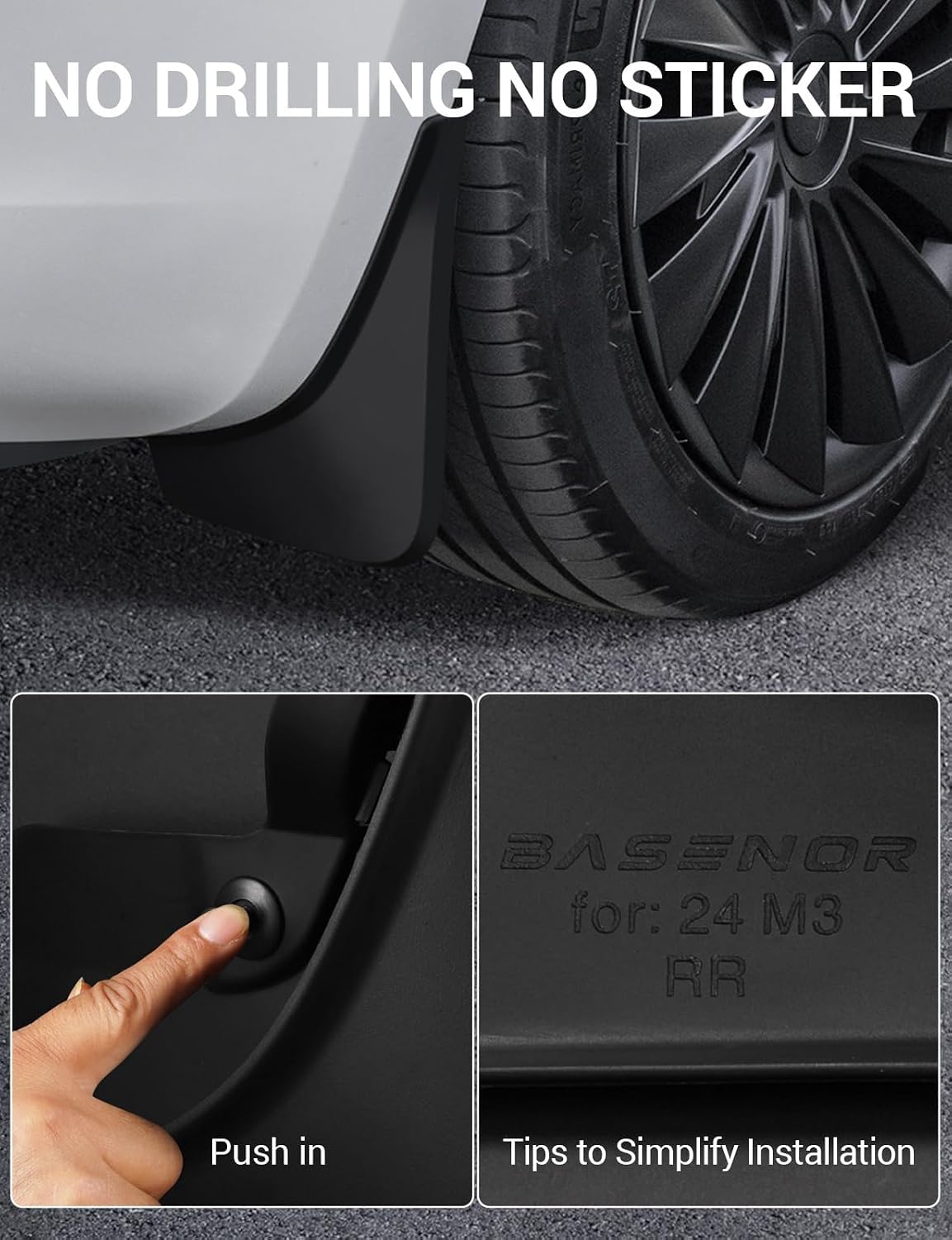 Detalle de BASENOR Highland Mud Flaps for Tesla Model 3 (2024–2026) – Set of 4, No Drilling, All-Weather Protection