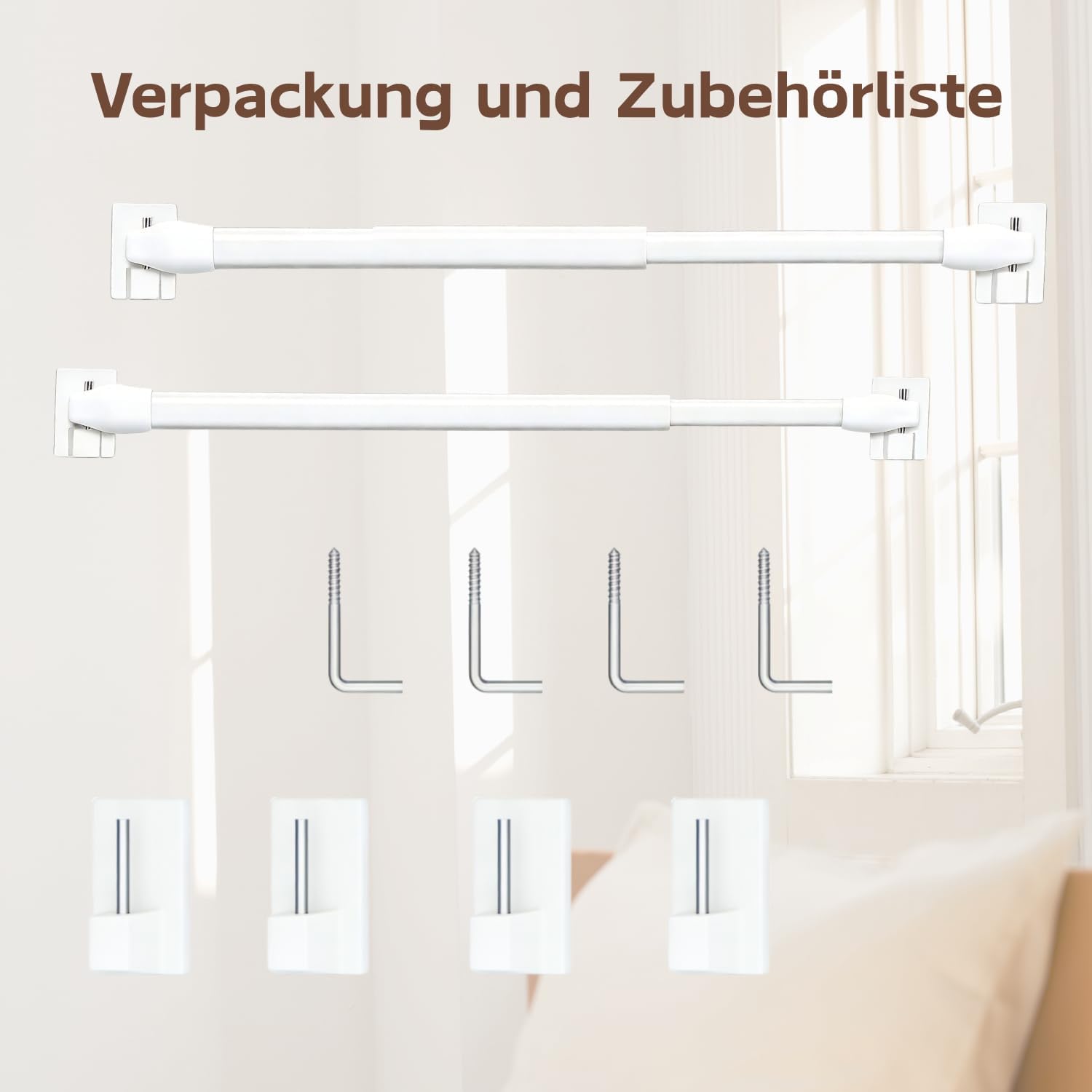 Thumbnail 6 de 2er-Set ausziehbare Vitragestangen mit Klebehaken (40–70 cm) für Scheibengardinen, Küche & DIY-Projekte