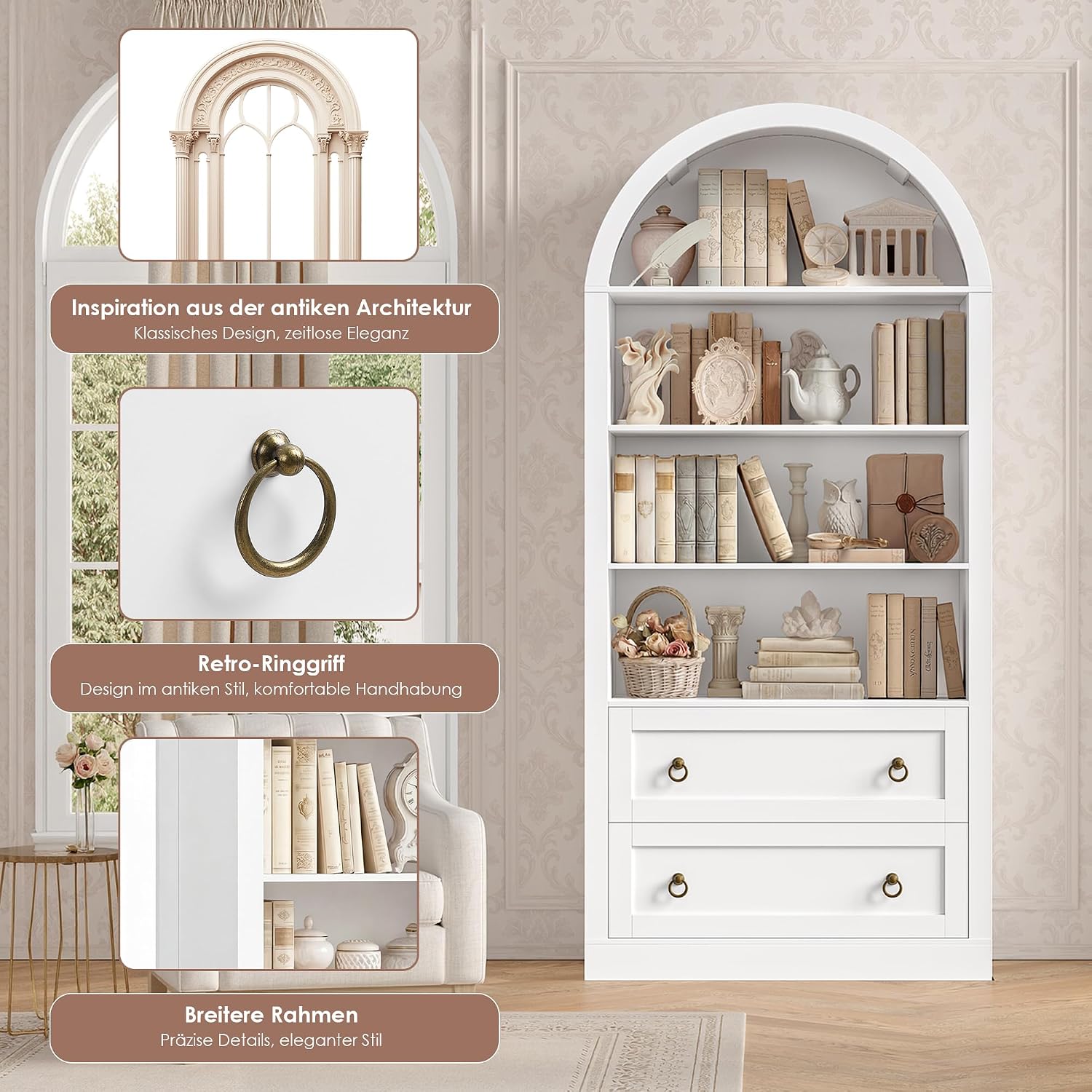Detalle de FirFurd P513 Arched Bookcase, White, with 4 Open Compartments and 2 Drawers