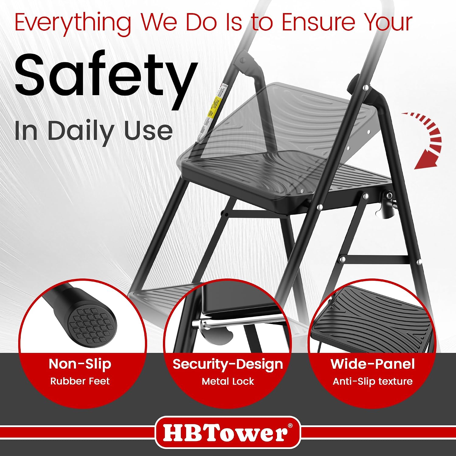 Thumbnail 4 de HBTower 2-Step Ladder with Wide Anti-Slip Pedals, Folding Steel Frame
