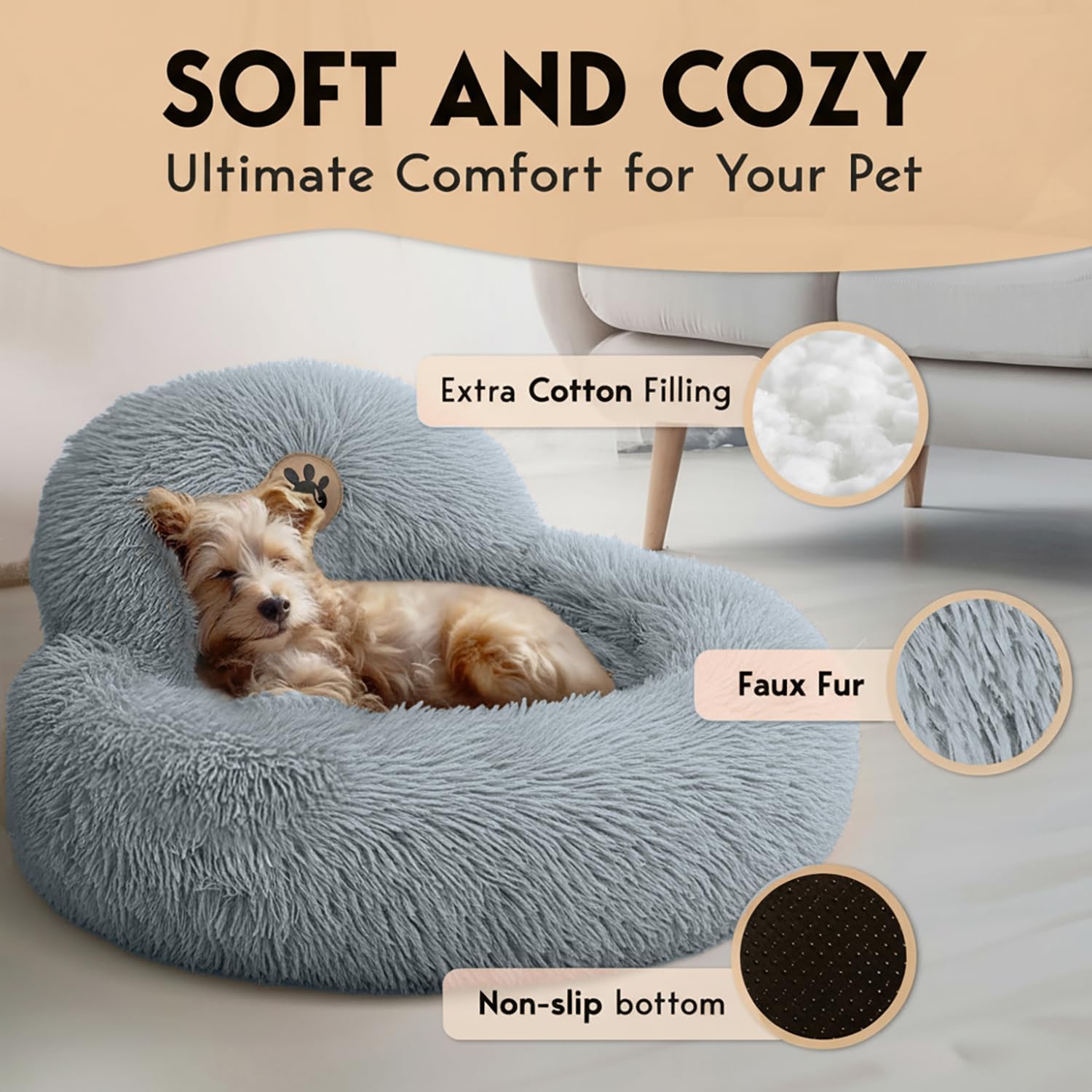 Thumbnail 2 de PetJett Small Dog Bed (23-inch Round) – Anti-Slip, Washable Donut Calming Puppy Bed in Bright Gray