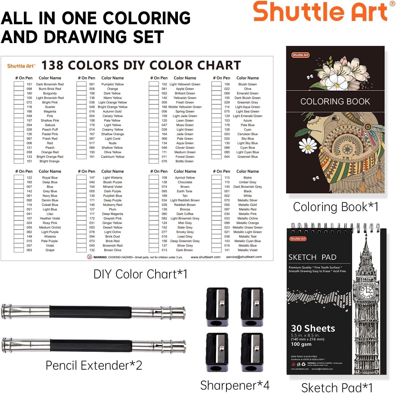 Thumbnail 4 de Shuttle Art 138 Colours Professional Soft Core Colouring Pencils Set (with colouring book, sketch pad & metal case)
