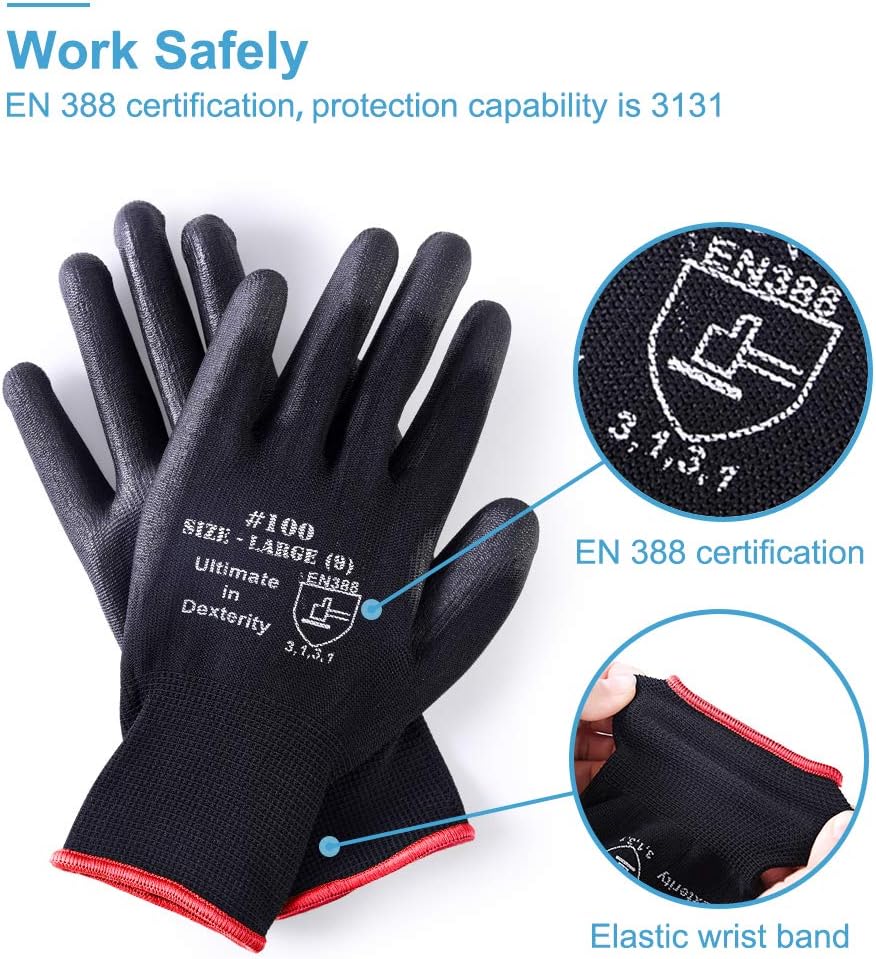 Detalle 2 de Donfri 12 Pairs PU Coated Safety Gloves L/9