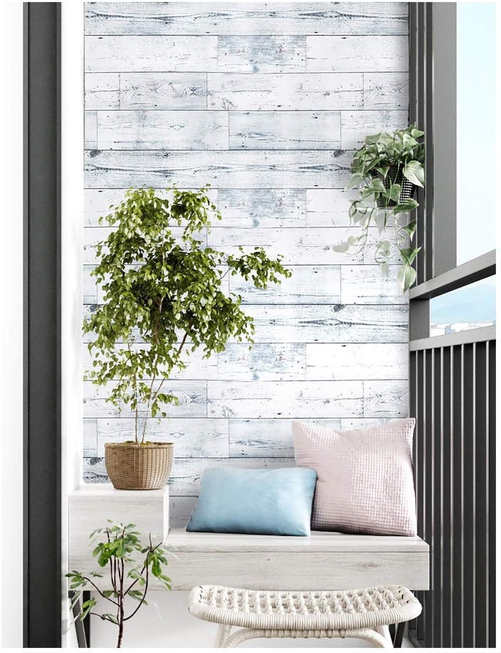 Detalle de APPIOK Peel-and-Stick Wallpaper, Light Grey and White Distressed Wood Plank