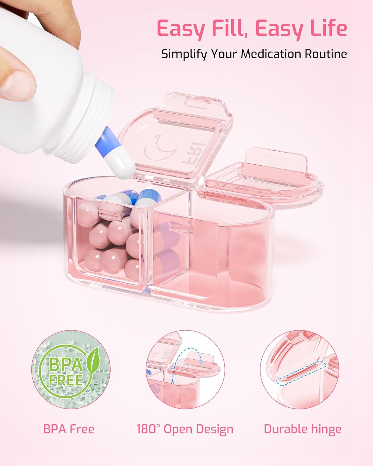 Detalle de Daviky A-2741 Weekly Pill Organizer, Pink AM/PM Travel Box