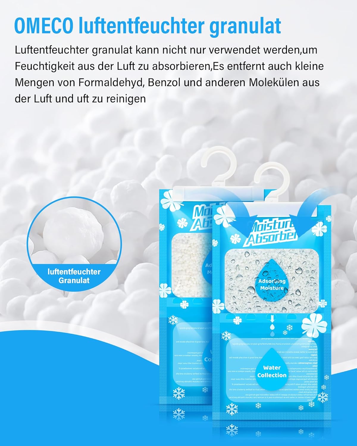 Detalle 2 de OMECO 20 x 230 g Hängender Entfeuchter – Feuchtigkeitsabsorber für Kleiderschrank, Raumlüftung und mehr
