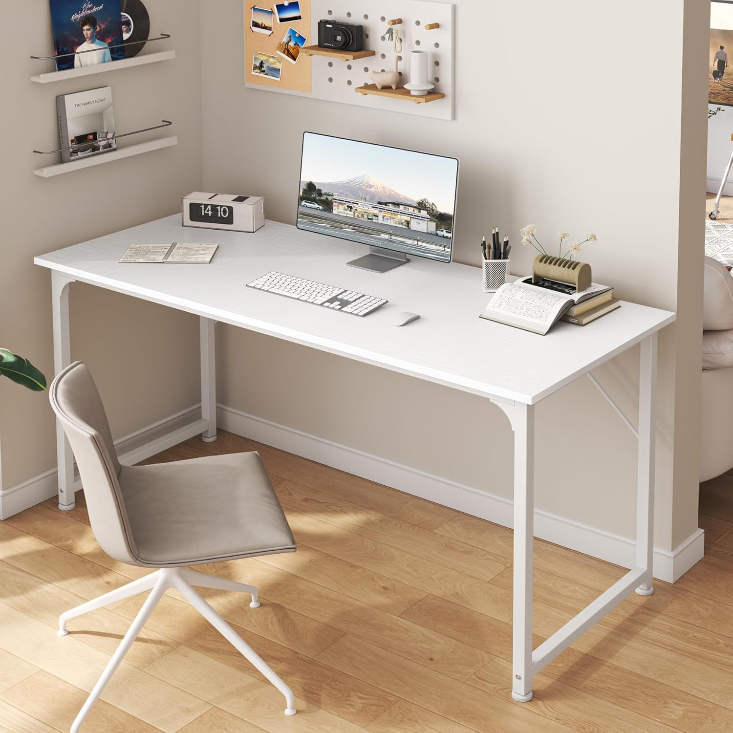 Detalle de Huuger 48-Inch Computer Desk, White, Metal Frame, Reinforced Support