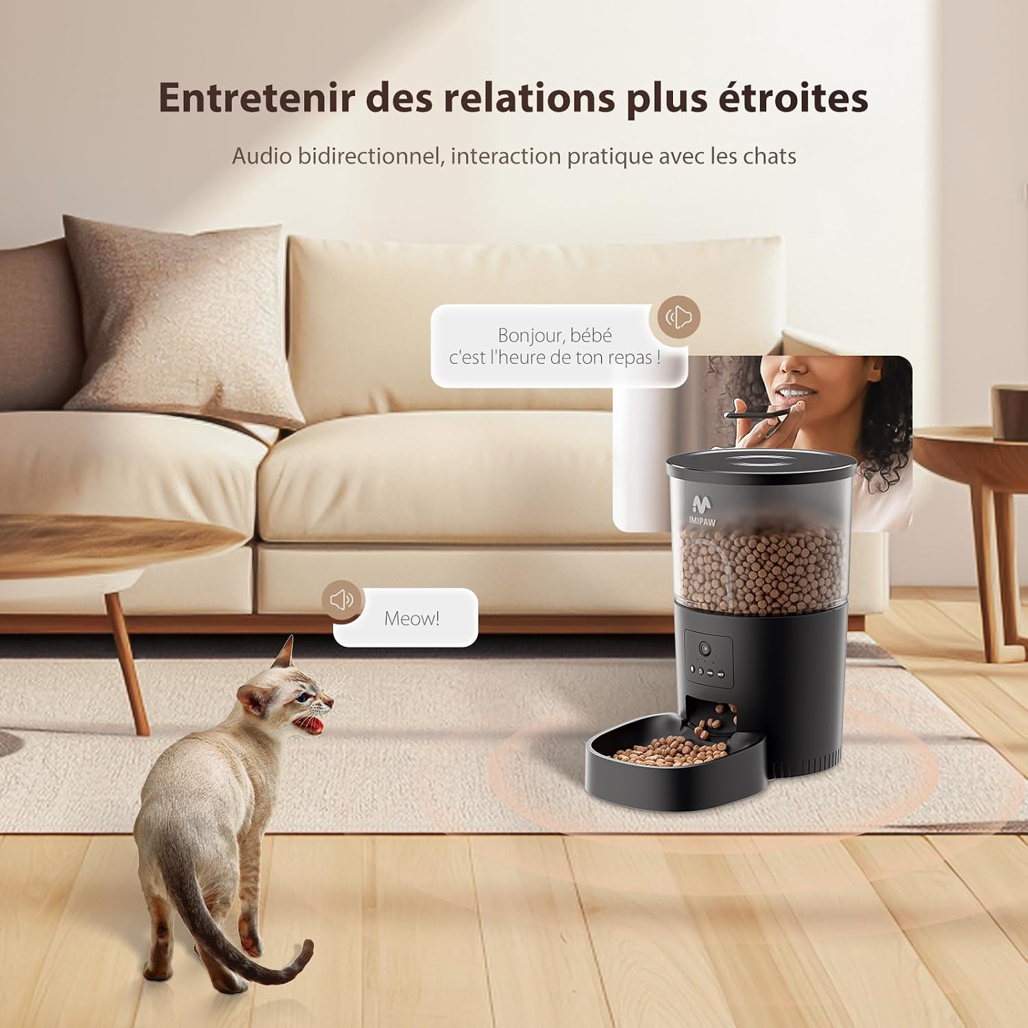 Detalle de IMIPAW automatische kattenvoerdispenser met camera, app en 3 liter