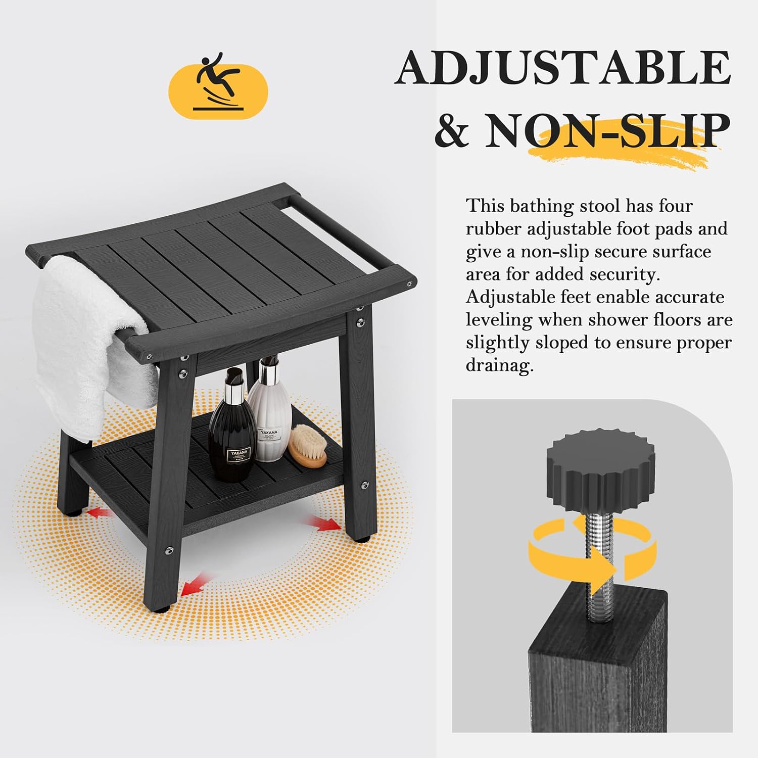 Detalle 2 de WISHCII HDPE Shower Bench Seat, HIPS Chair with Storage Shelf and Towel Rack
