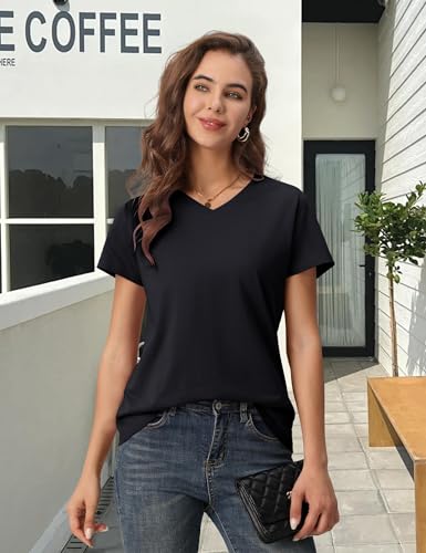 Detalle 2 de TACVASEN Camiseta de Manga Corta para Mujer en Algodón, Cuello Pico, Color Negro, XXL
