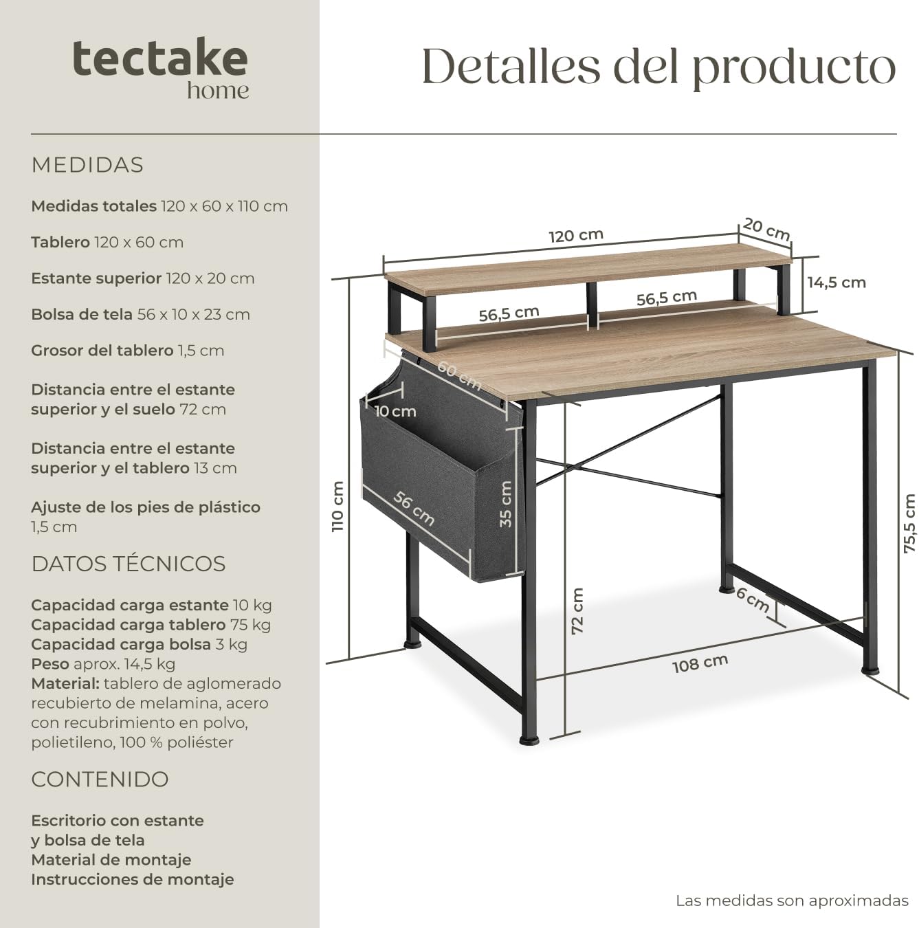 Detalle 2 de tectake Mesa Escritorio Industrial 120x60