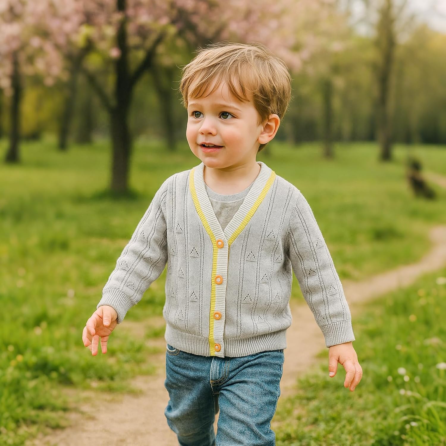Detalle de Fnaobai Toddler Boys Cardigan Sweater: Soft Cotton Knit with V-Neck and Windproof Cuffs