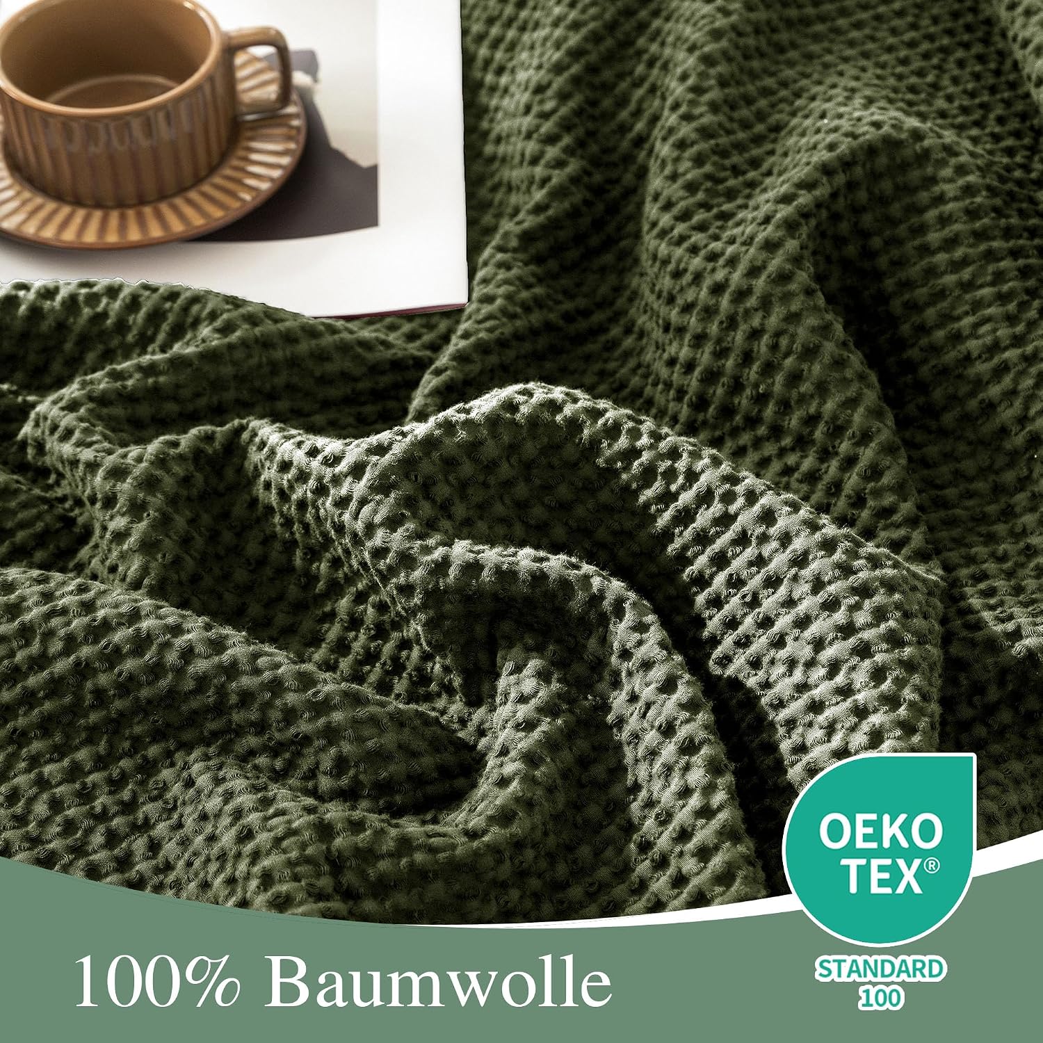 Detalle de CHUFFED 100% Baumwolle Decke 220 × 240 cm – Olivgrün, weiche und atmungsaktive Waffel-Decke