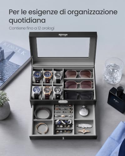 Detalle de SONGMICS Porta Orologi a 6 Posti con Cassetto e Coperchio in Vetro – OrganizerElegante per Reparto Accessori