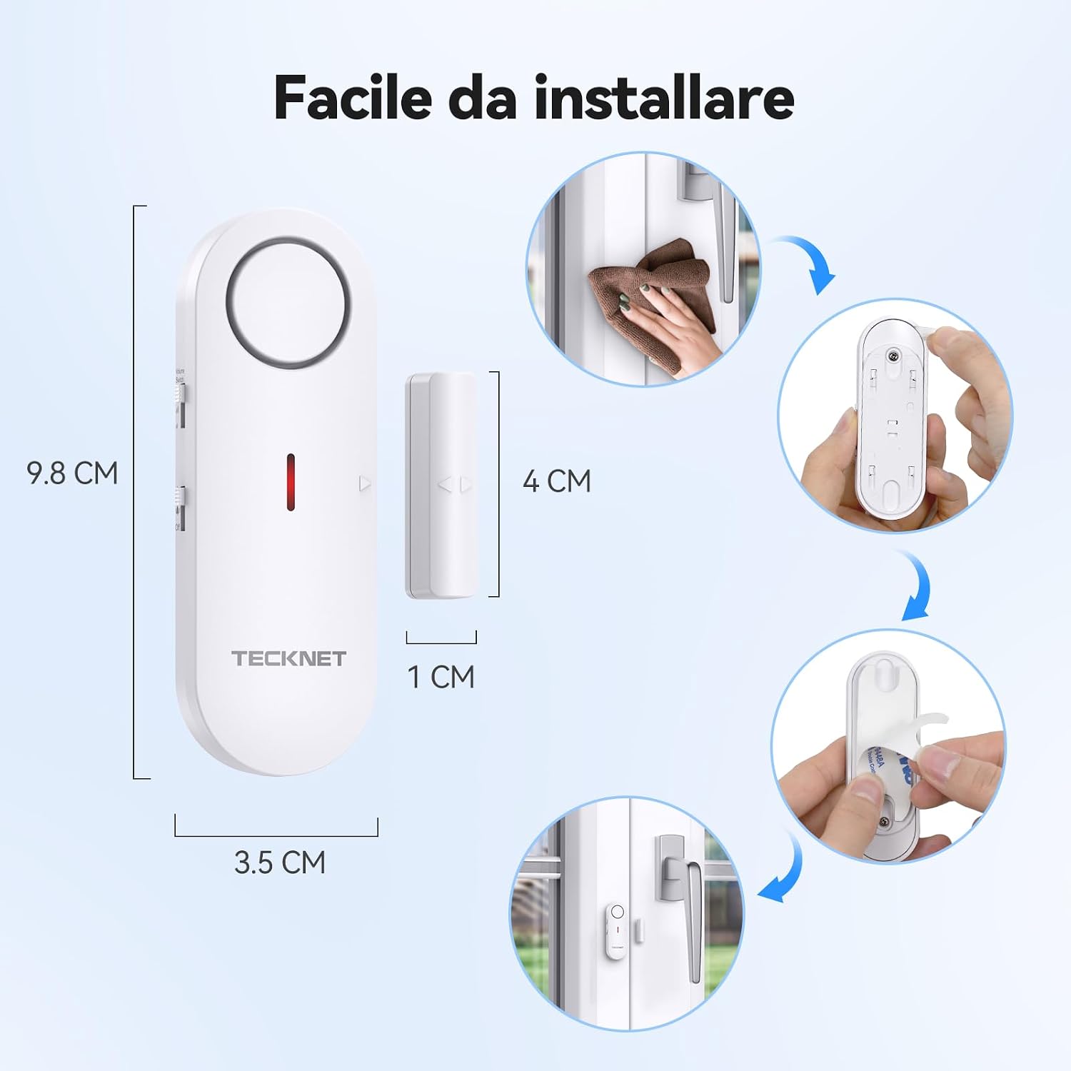 Detalle 2 de TECKNET Allarme Casa Senza Fili 2-in-1: Allarme Porte e Finestre con 3 livelli di volume (9 pezzi)