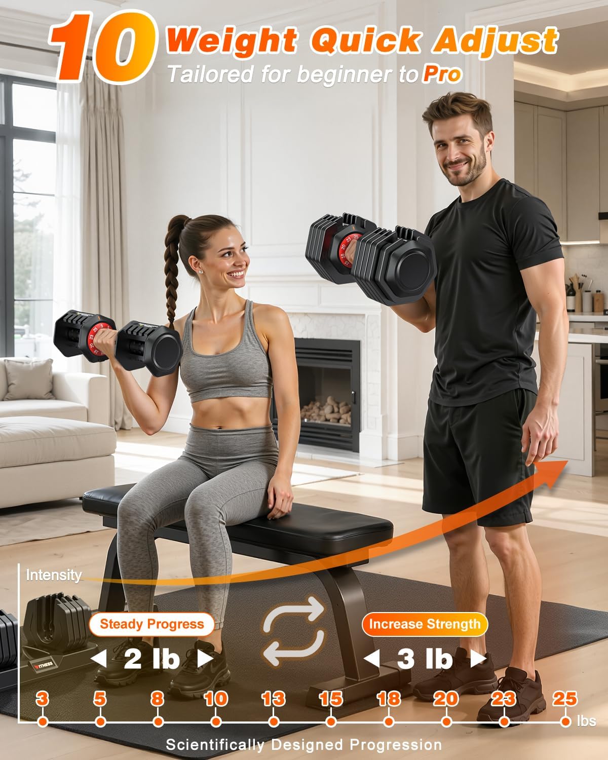 Detalle de XDDIAS Adjustable Dumbbell Set of 2, 3–25 lb Each, 10 Weight Levels