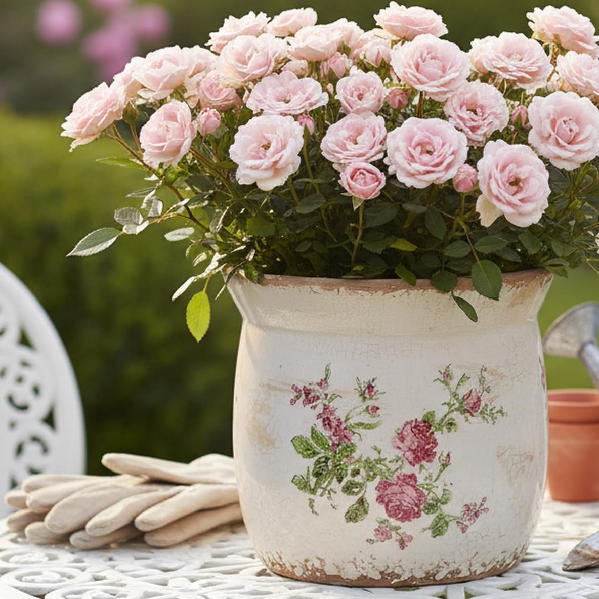 Detalle de Xiaan Jiaju Floral Ceramic Planter with Drainage Hole and Crackle-Glaze Finish