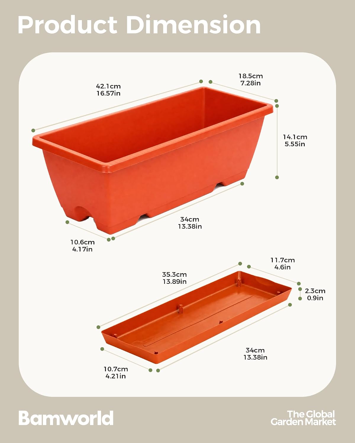 Detalle de Bamworld Set di 7 Fioriere da Finestra Rettangolari 42 cm - Drenaggio Integrato, Sottovaso incluso, Rosso