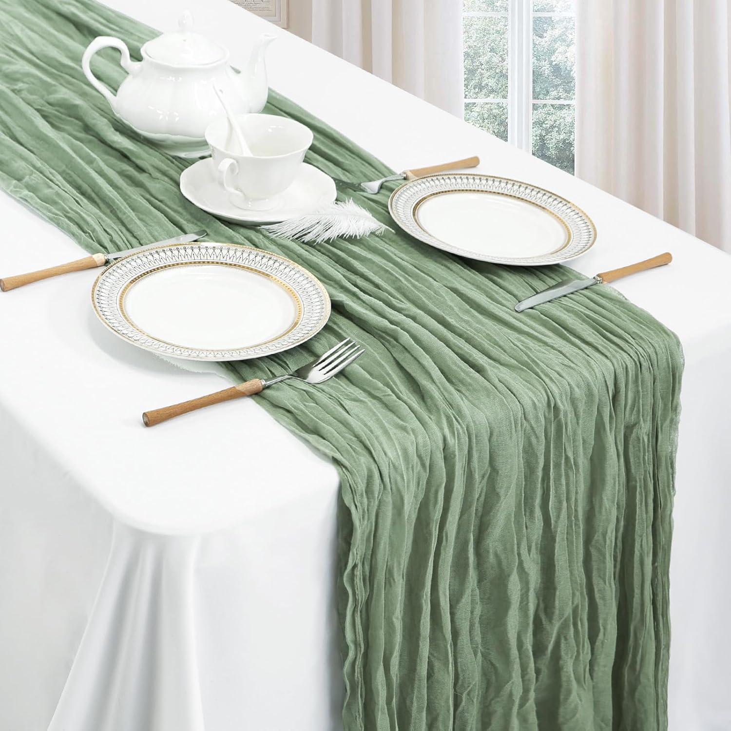 Detalle de 6 Pack Sage Green Boho Gauze Table Runner (35 x 120 in) for Rustic Spring Décor, Baby Showers, Weddings