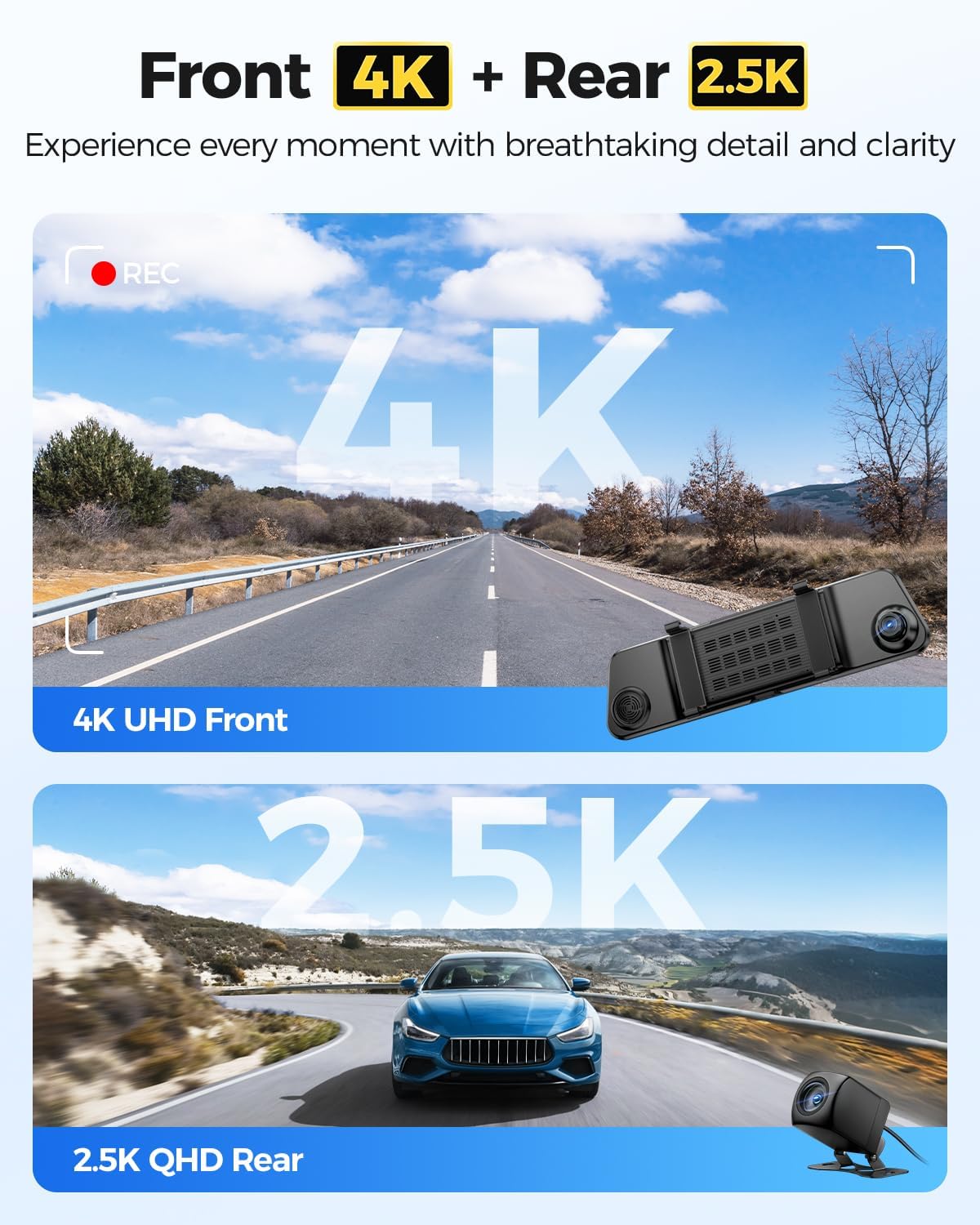 Thumbnail 1 de AZDOME PG17 Max 4K+2.5K Mirror Dash Cam with AR, ADAS, BSD & LCA – 12" Rearview Mirror