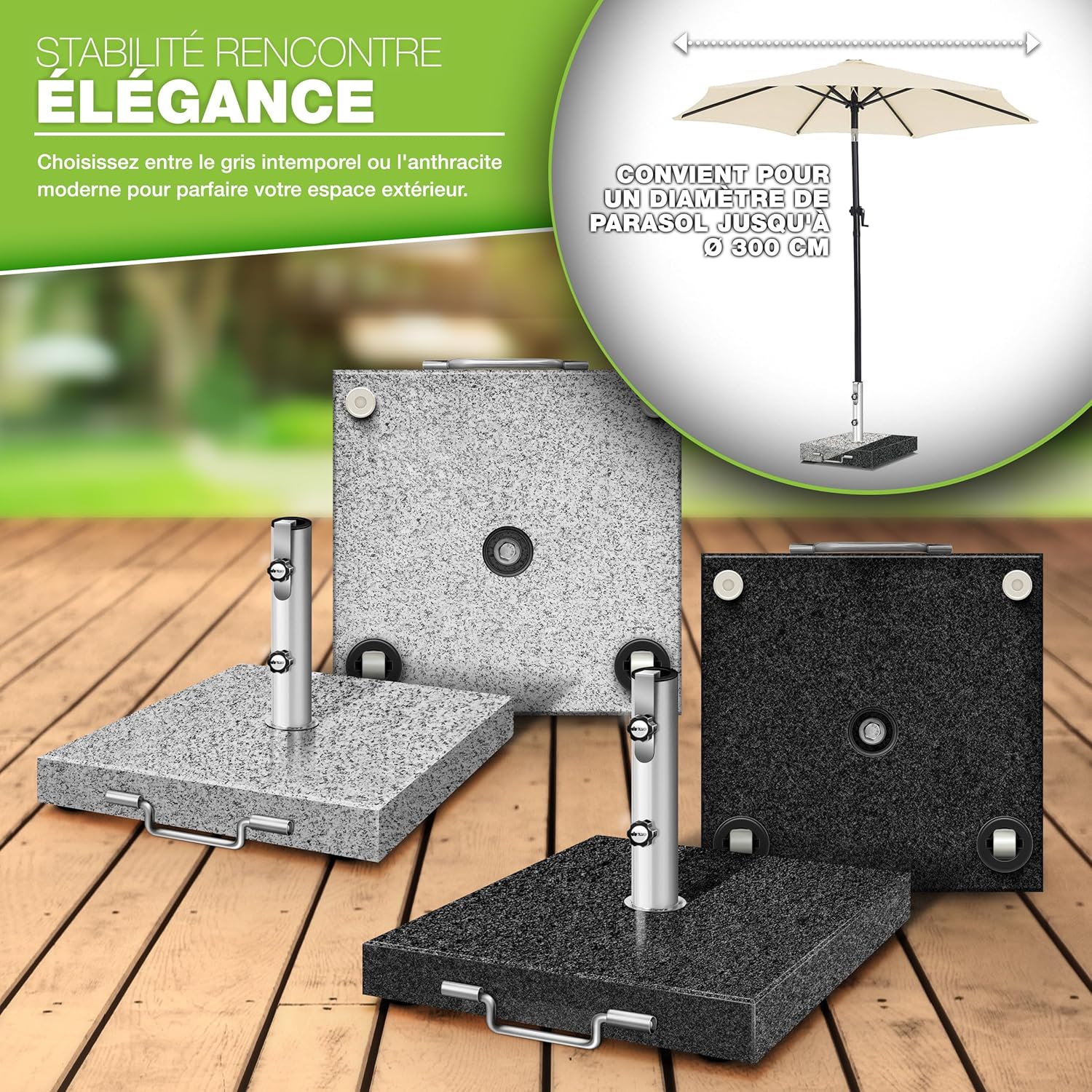 Thumbnail 6 de tillvex Pied de Parasol Angulaire en Granit avec Roulettes et Tube en Acier Inoxydable – 27 kg