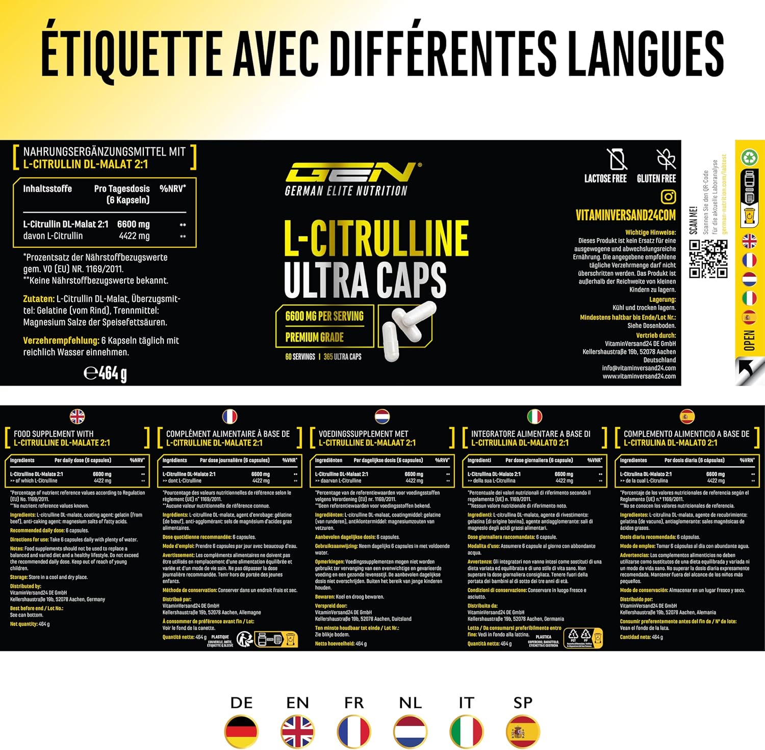Detalle 2 de L-Citrulline Ultra Caps (DL-Malate 2:1) – 365 gélules, dose 1 100 mg par capsule