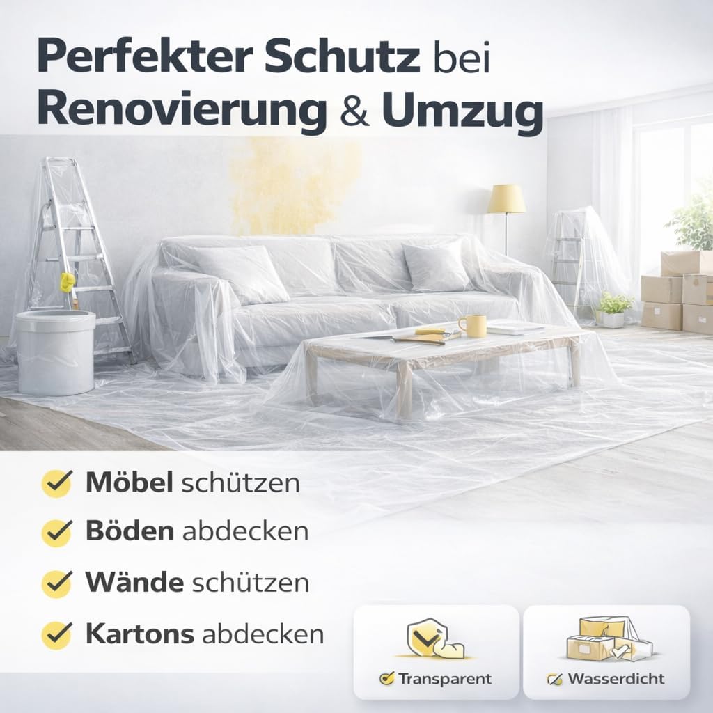 Thumbnail 3 de 6er-Set Abdeckfolie 4 x 5 m (160 m²) – extra stark & transparent Malerplane als Baufolie für Renovierung und Umzug