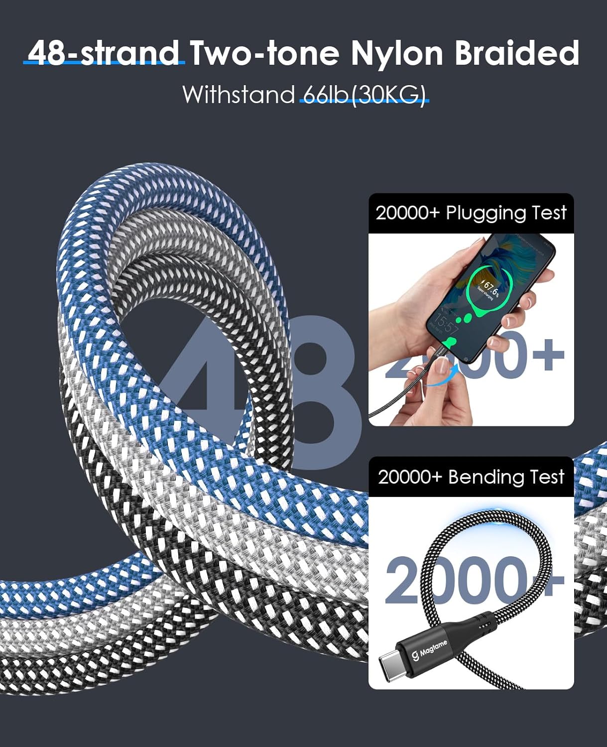 Thumbnail 4 de Magtame Magnetic USB-C Cable (Retractable Coiled) – 3.3ft Black, 30W Fast Charging, Nylon Braided