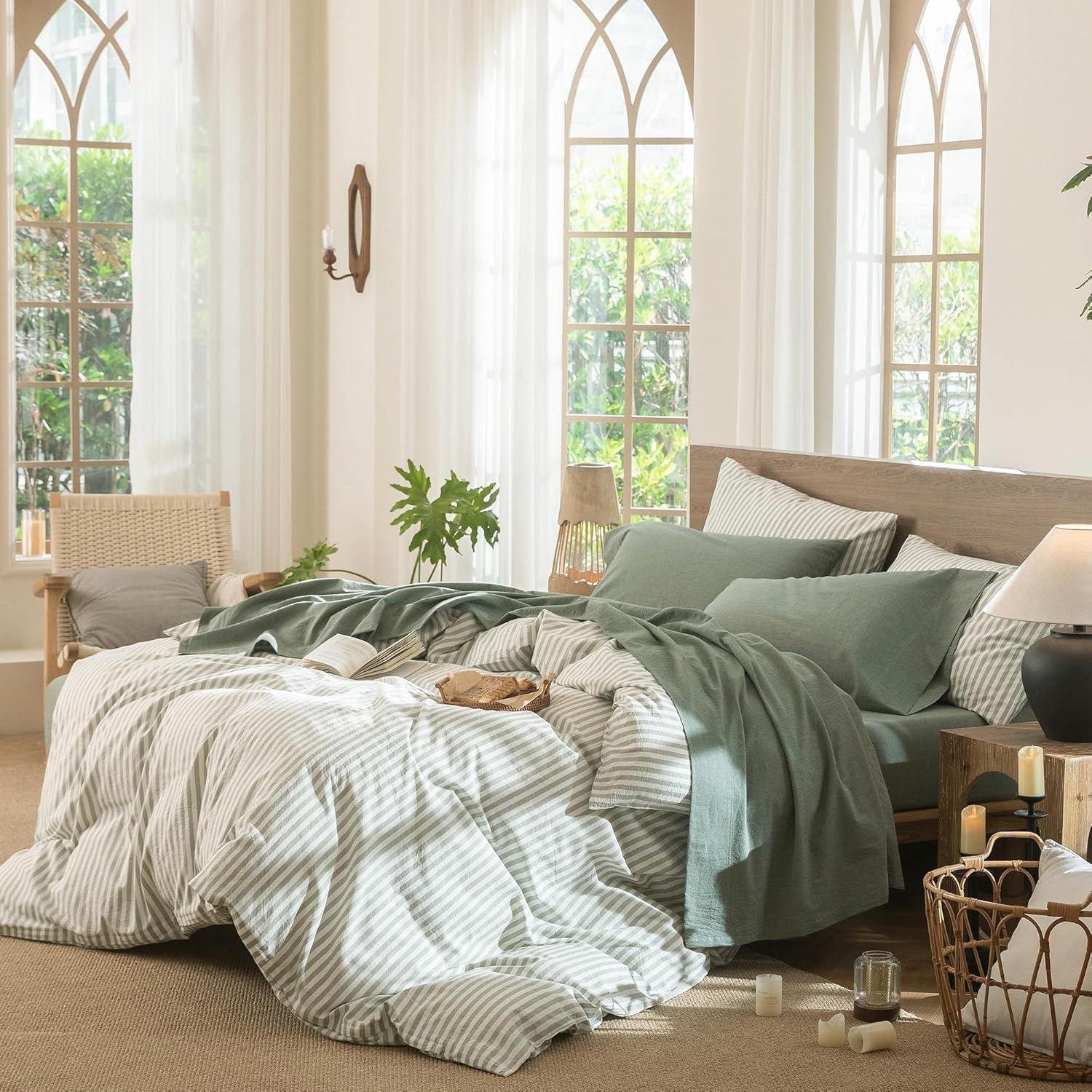 Detalle de MooMee Bedding Sheet Set (King) 100% Washed Cotton Linen-Like Texture in Heathered Green