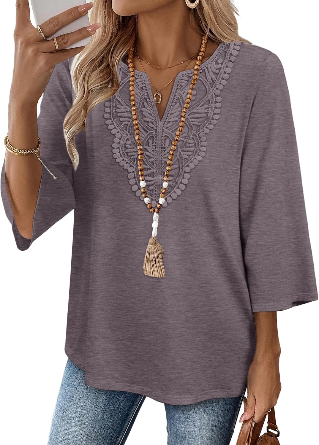 Detalle de WIHOLL 3/4 Sleeve Boho V‑Neck Top S-3XL