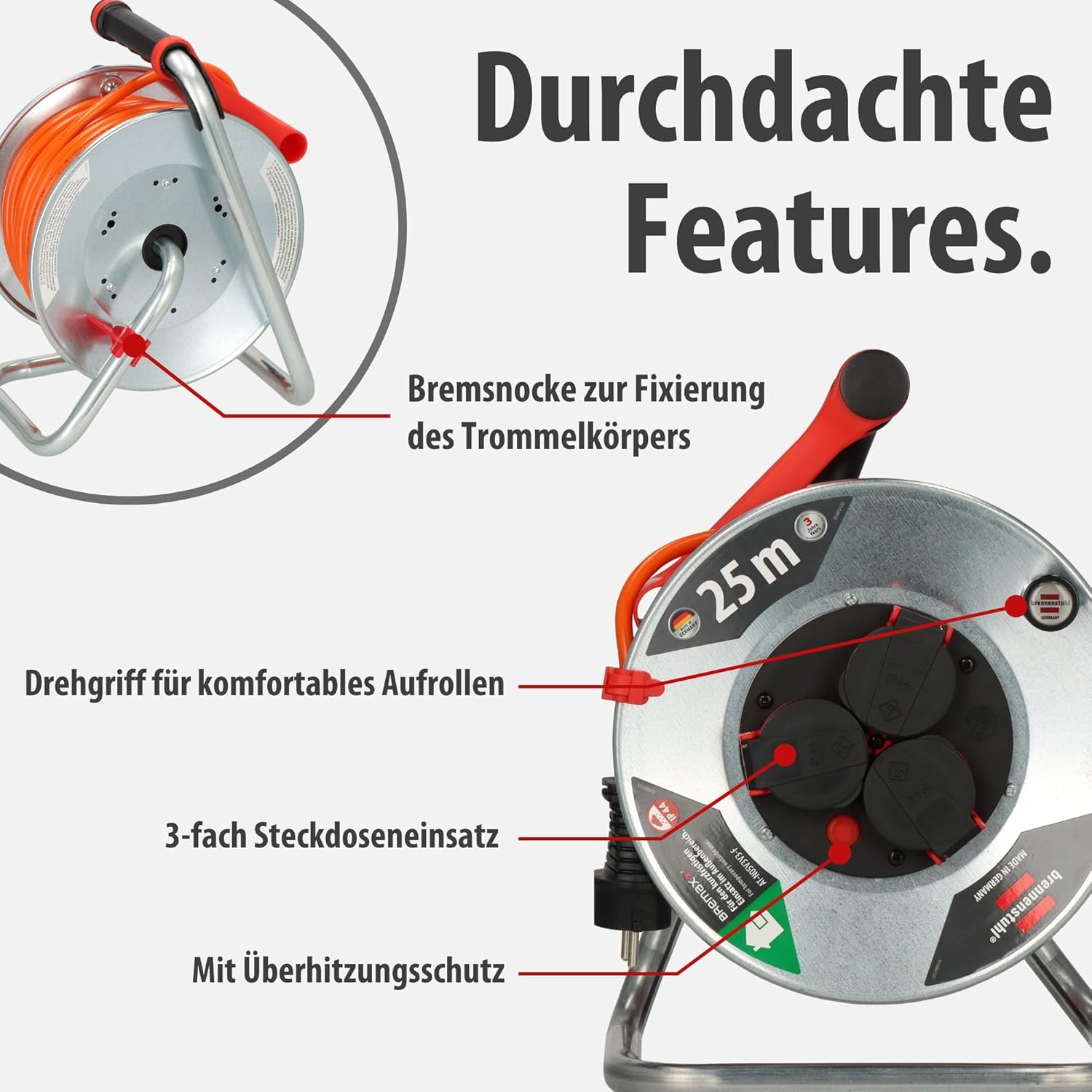 Detalle de Brennenstuhl Garant S V2 IP44 Kabeltrommel 25m Outdoor – robust, sicher und zuverlässig