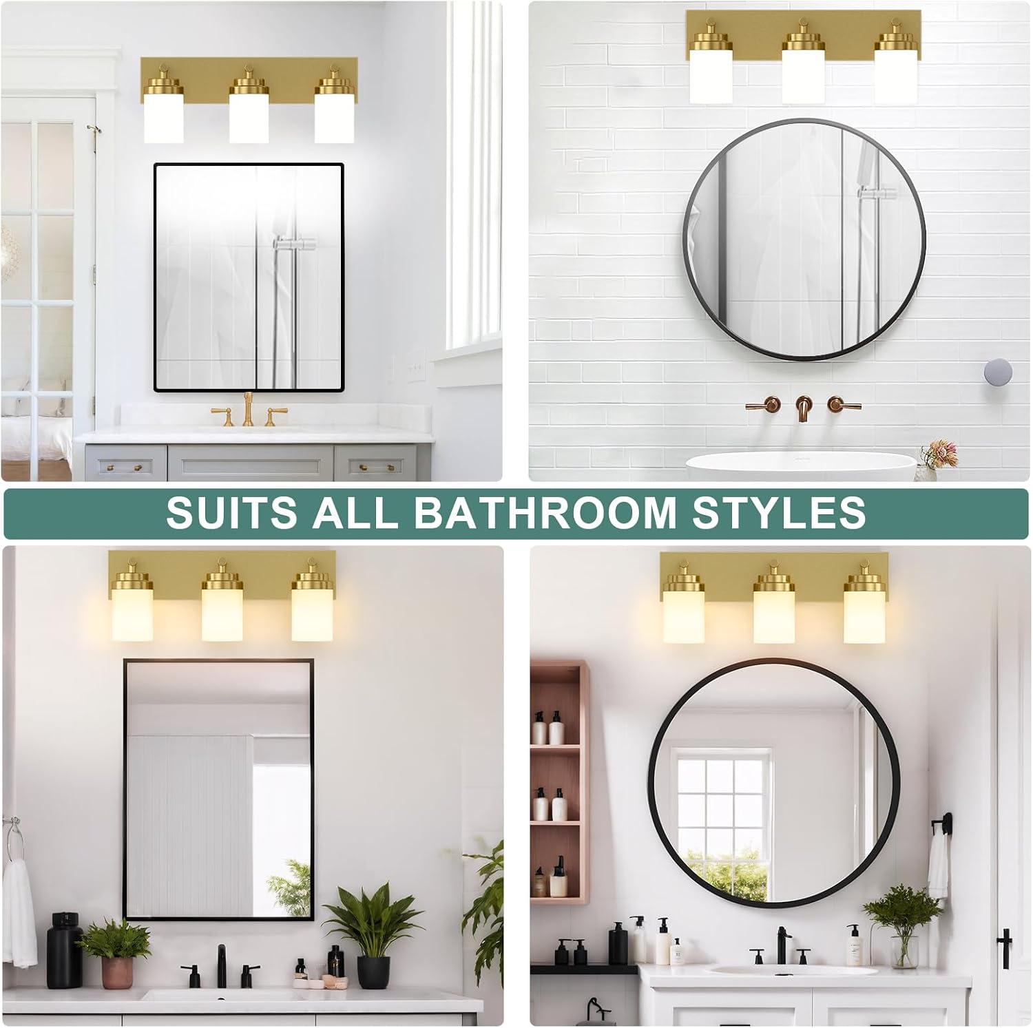 Thumbnail 6 de IZORRO HL101-3T-GD-WT 3-Light Bathroom Vanity Light, Brushed Gold, White Glass