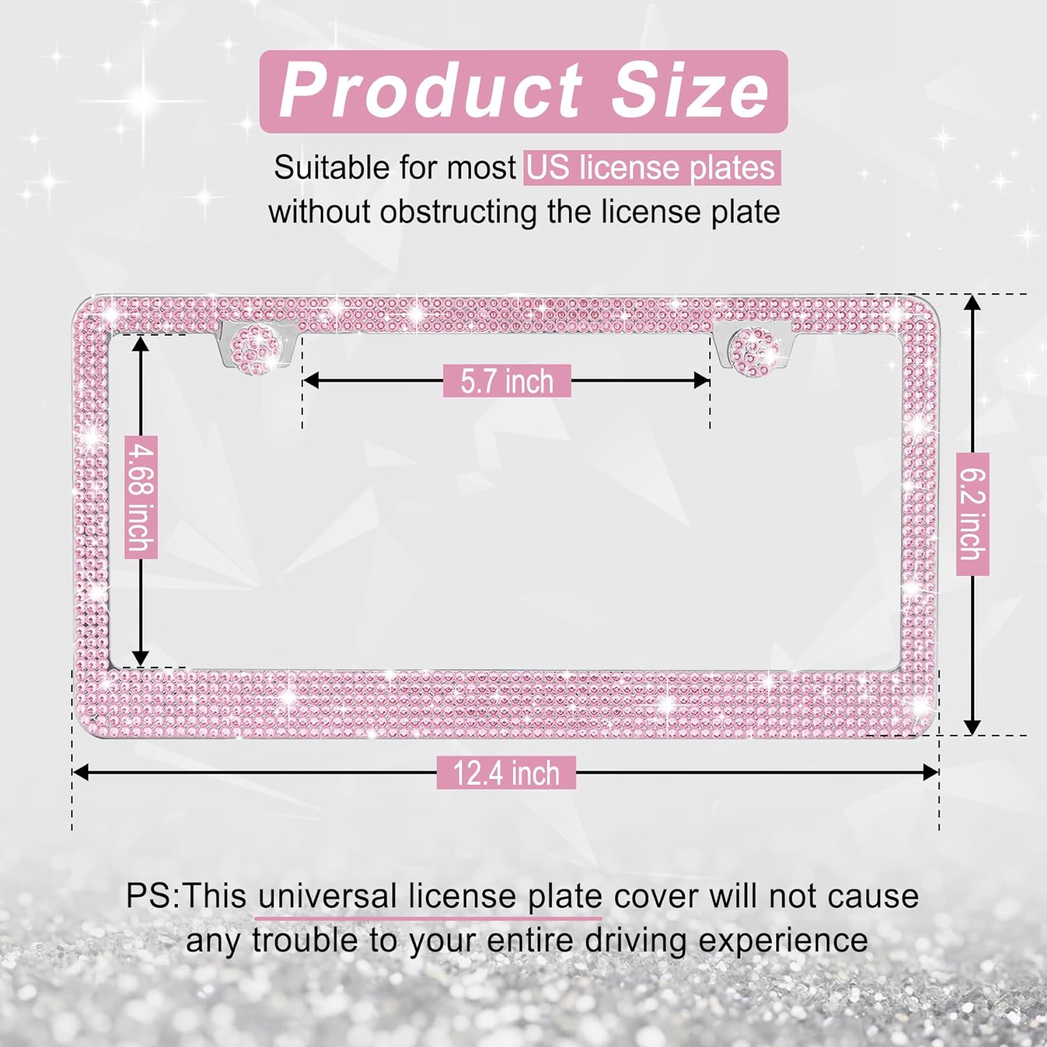 Detalle 2 de Amiss Bling women’s license plate frame (2-pack) with rhinestone sparkle caps – Pink stainless steel