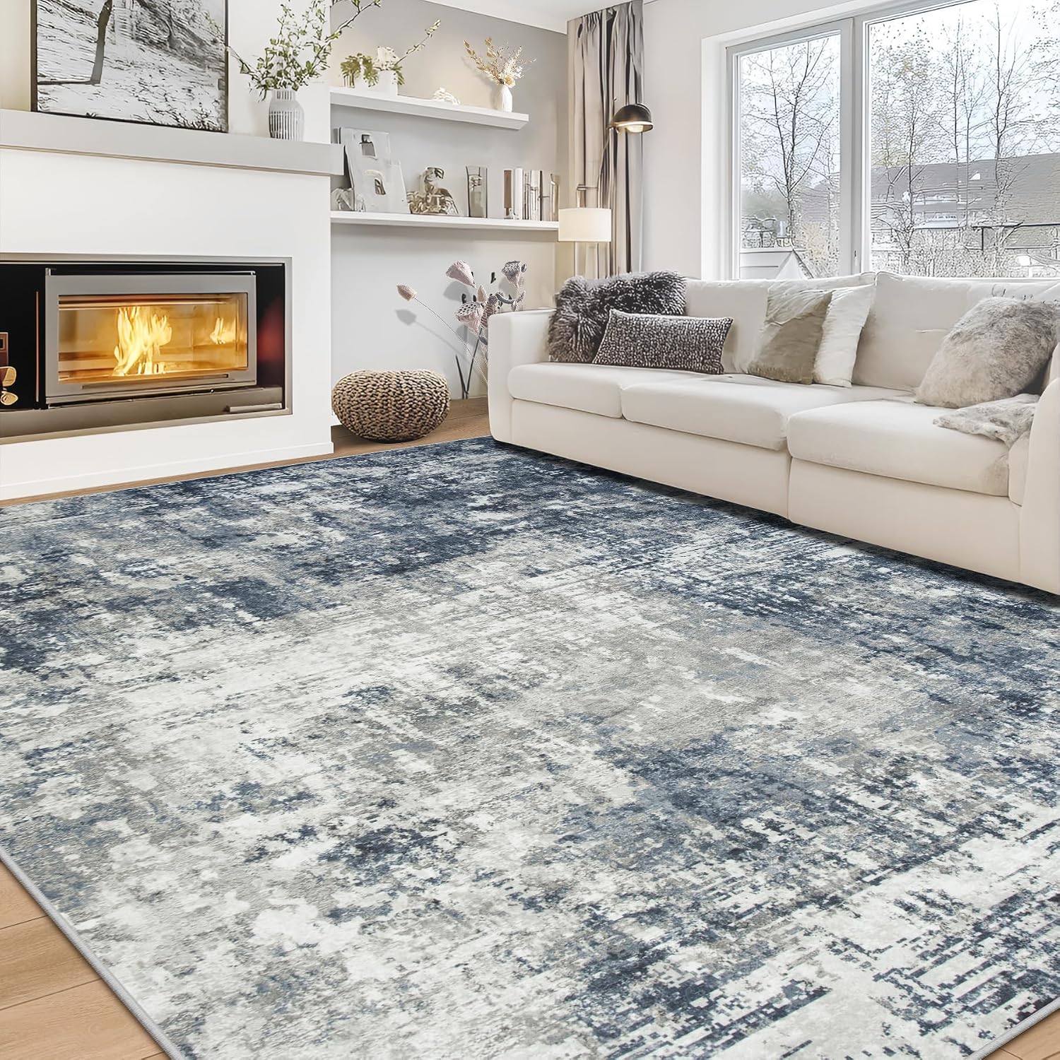 Detalle de 8x10 Area Rug for Living Room - Washable, Non-Slip, Blue Grey Abstract